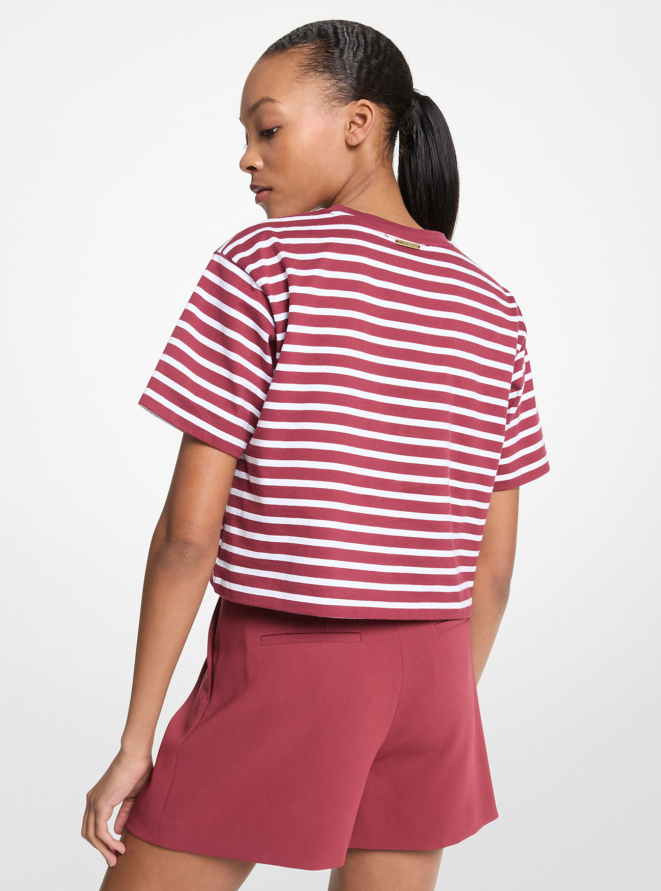 Striped Logo Cotton Cropped T-Shirt - DEEPMULBERRY