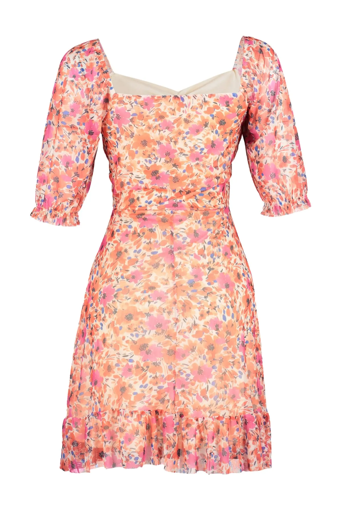 Trendyol Collection  Orangefarbenes, blumengemustertes, dehnbares Mini-Strickkleid aus Tüll mit herzförmigem Ausschnitt TWOSS20EL1690