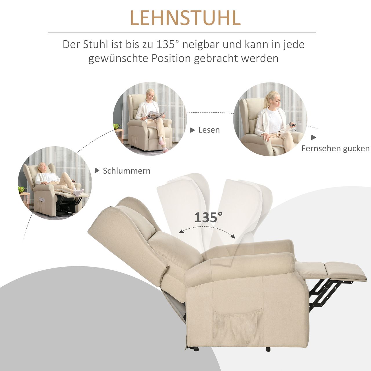 HOMCOM Aufstehsessel Fernsehsessel mit Aufstehhilfe elektrisch Liegefunktion Leinen Creme 72,5 x 94 x 109cm