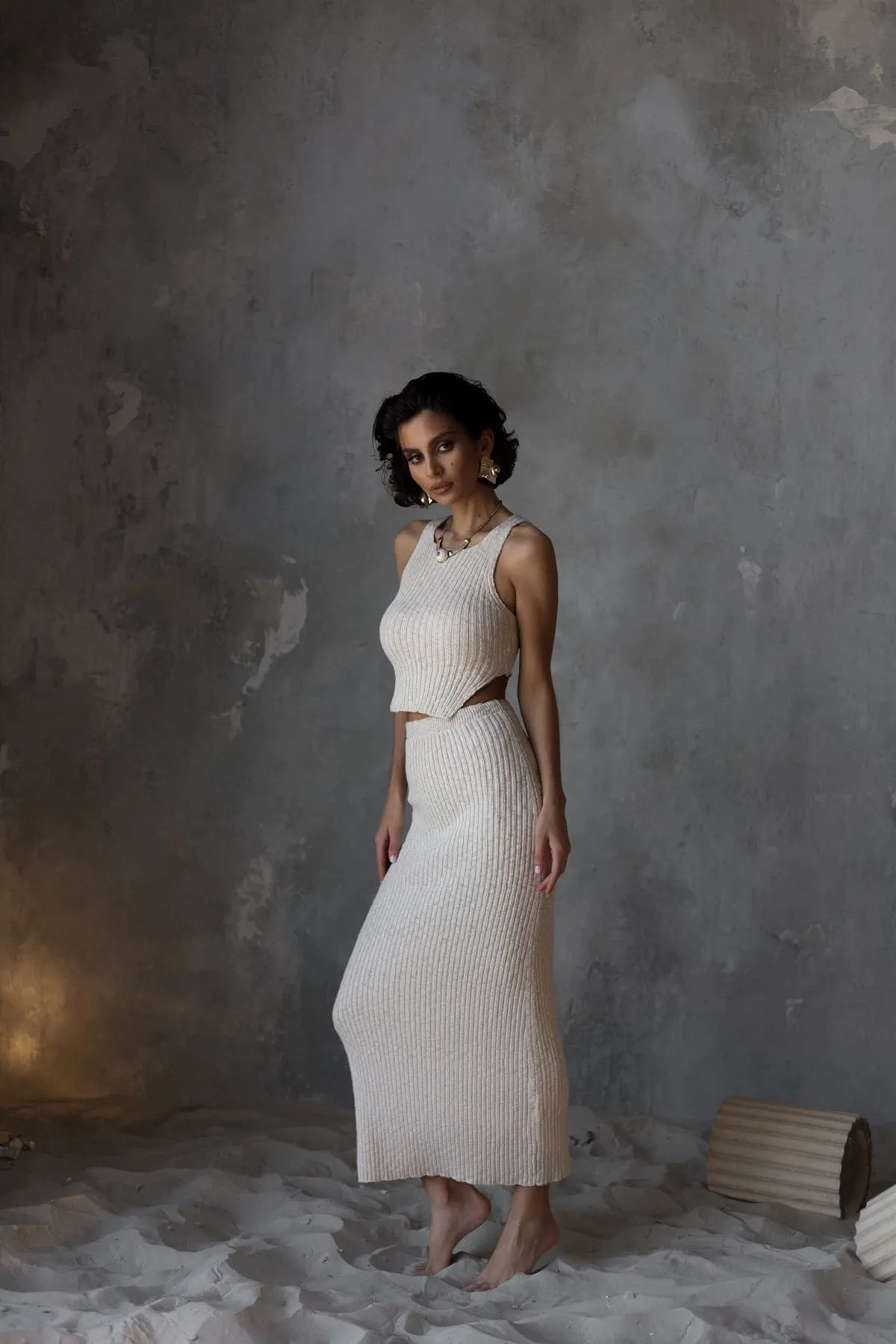 BOHEMAİ  Cris Beige Crop-Rock-Strickwaren-Set