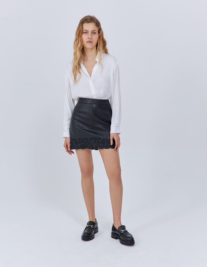 Jupe courte noire en cuir brodé Femme
