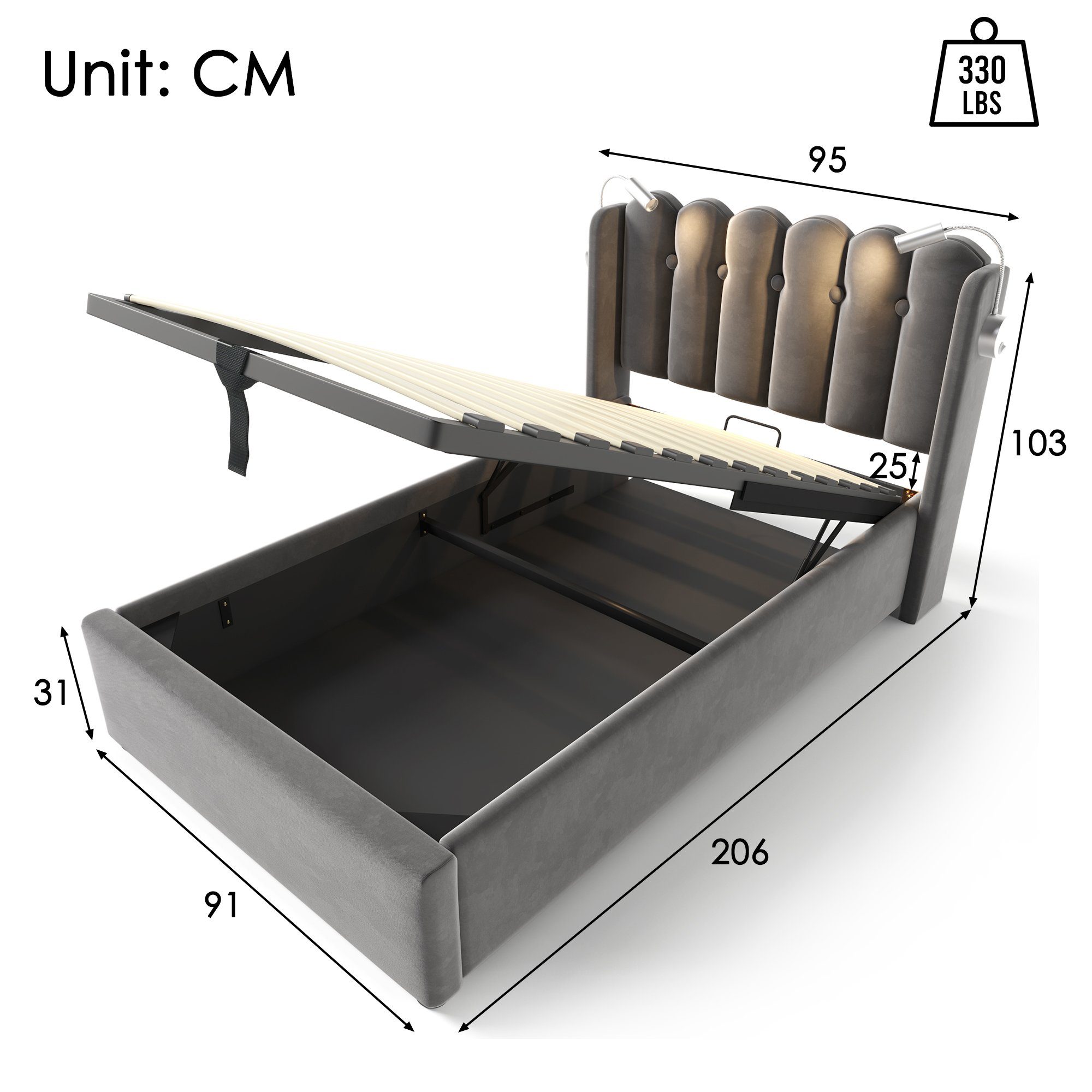 Fangqi Polsterbett 90x200 gepolstertes Bett,2 Leselampen,USB-Aufladung,großer Bettkasten (Einzelbett, Jugendbett, Familienbett, Weicher Bettrahmen, USBx2, Leselampex2, Bettkasten), Bettkasten mit Oxford-Tuch, Eisenrahmen, Gasdruckfederbetten
