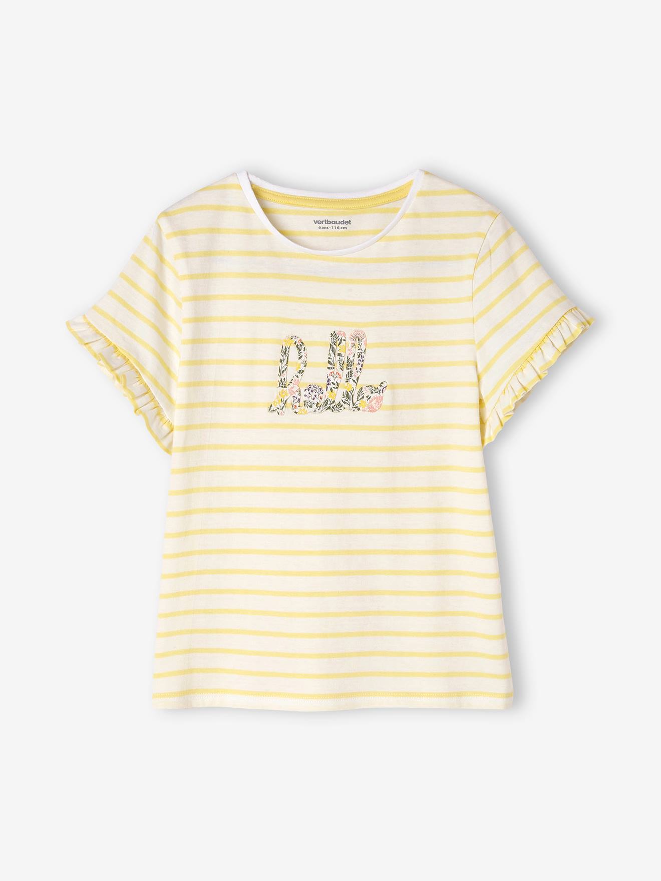 T-shirt rayé fille manches courtes volantées écru