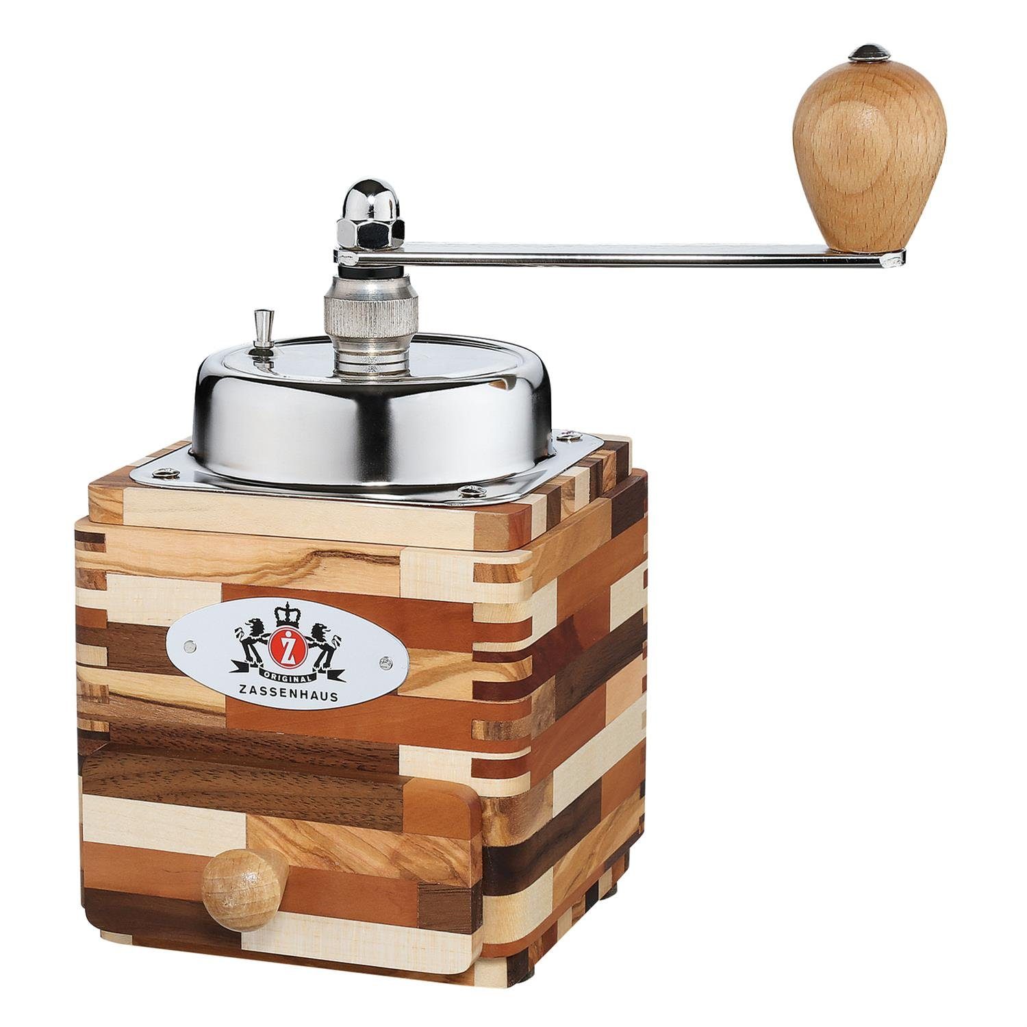 ZASSENHAUS Kaffeemühle Montevideo Melange - Handmühle Handkaffeemühle, Kegelmahlwerk, 50 g Bohnenbehälter, Manuell, Mahlgrad stufenlos einstellbar