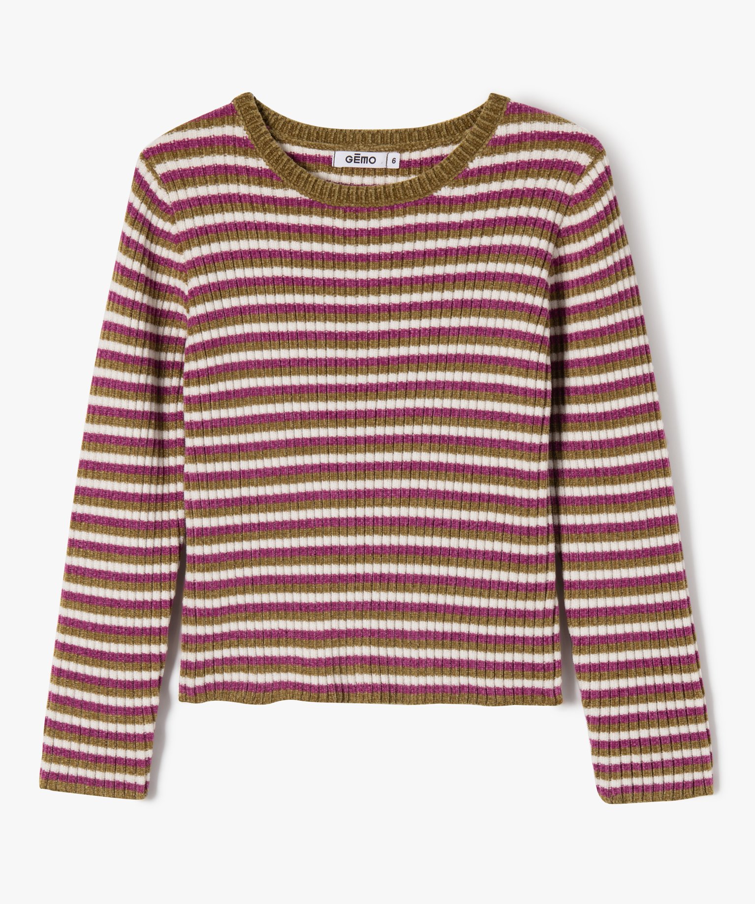 Pull court rayé en maille chenille fille raye | GEMO