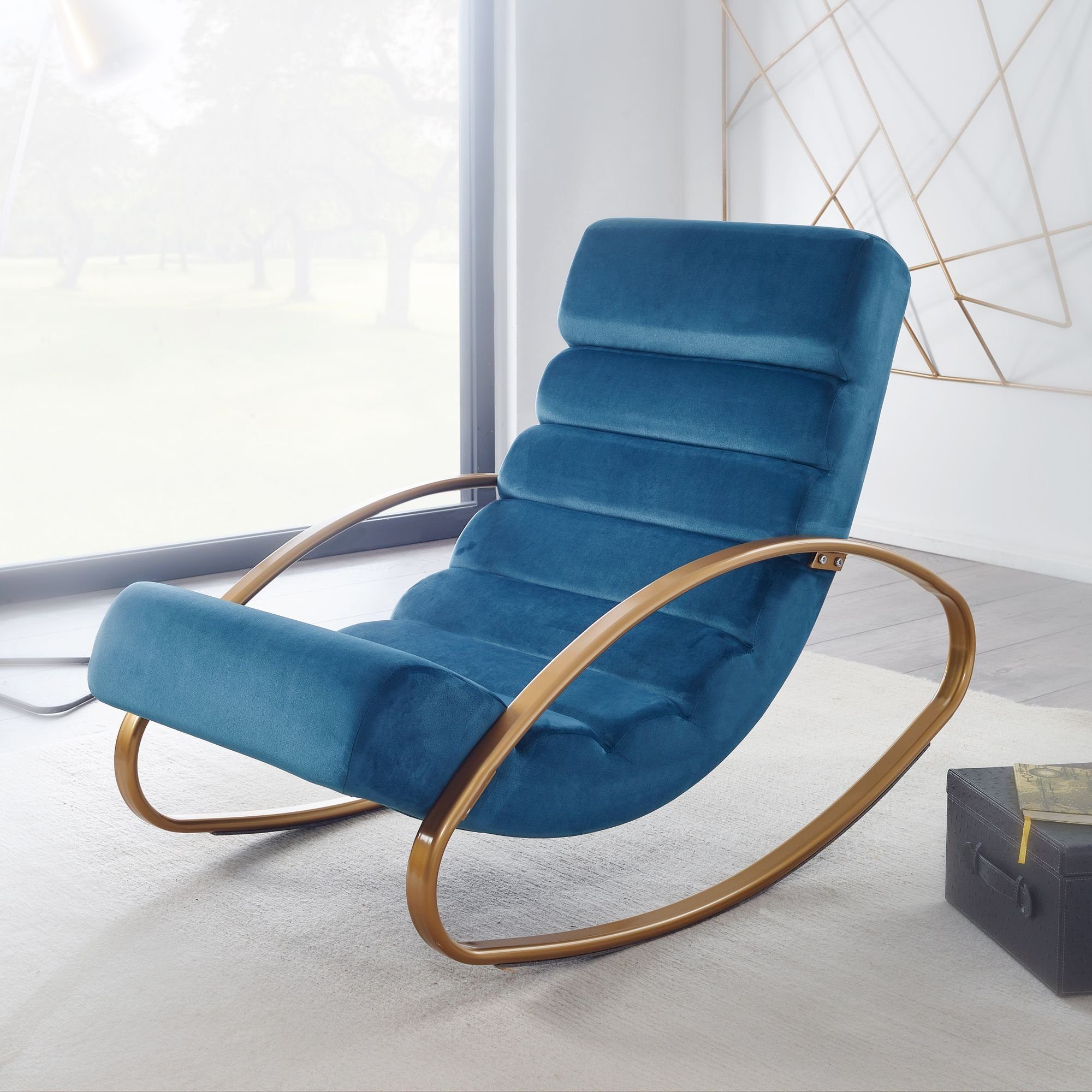 Wohnling Schaukelstuhl WL6.224 (Relaxliege Samt Blau / Gold 150 kg 61x81x111 cm), Schwingsessel Modern, Schwingstuhl Lounge Liege