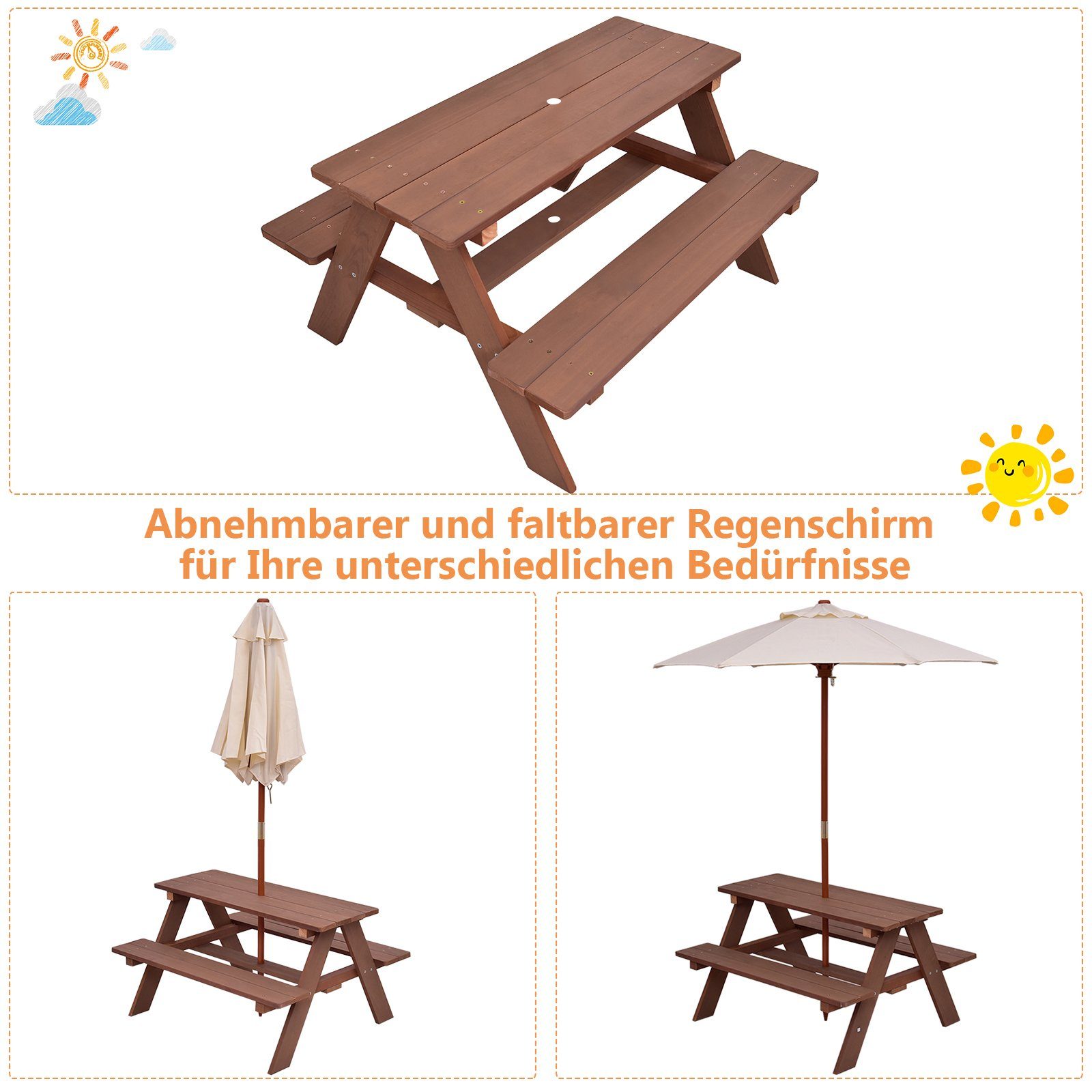 COSTWAY Garten-Kindersitzgruppe, mit abnehmbarem Sonnenschirm, 4 Sitze
