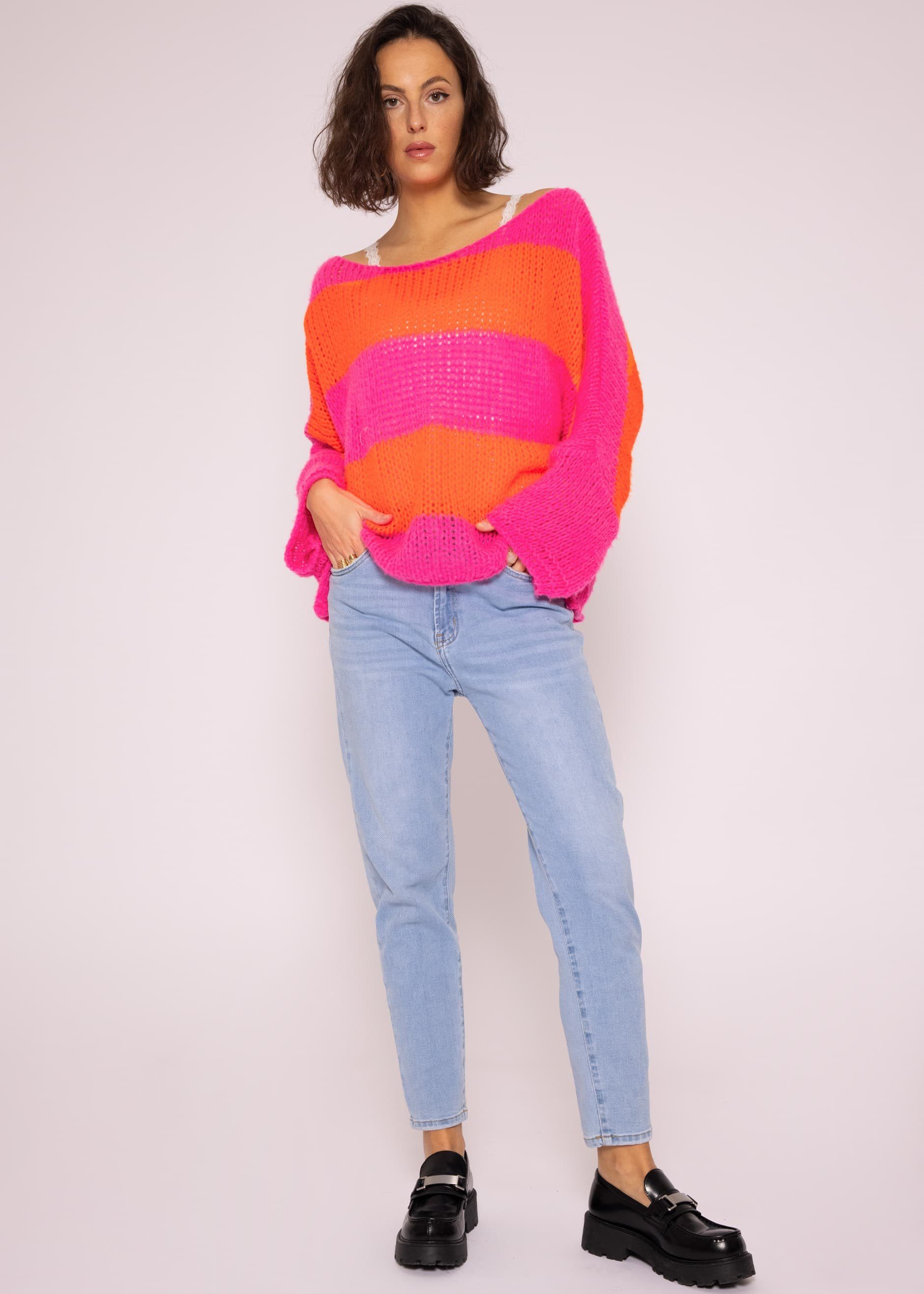 SASSYCLASSY Strickpullover Oversize Pullover Damen aus weichem Grobstrick Lässiger Strickpullover lang mit Streifen, Made in Italy