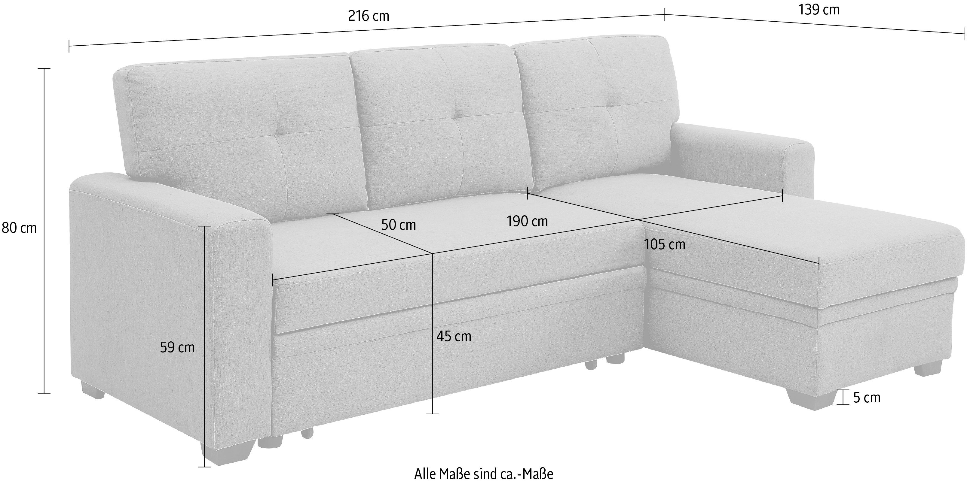 ATLANTIC home collection Schlafsofa Gerrit, Ecksofa, mit Bettfunktion, Recamiere rechts oder links montierbar