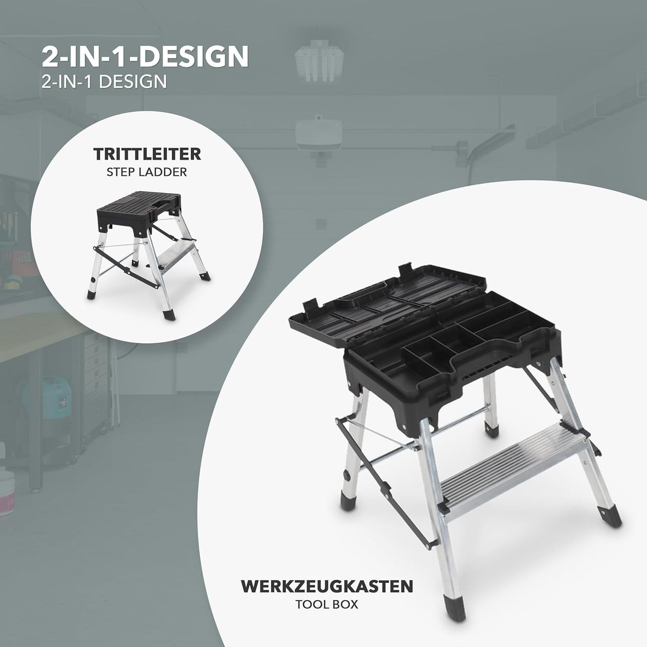 Kraft Werkzeuge Trittleiter zweistufig mit Werkzeugbox