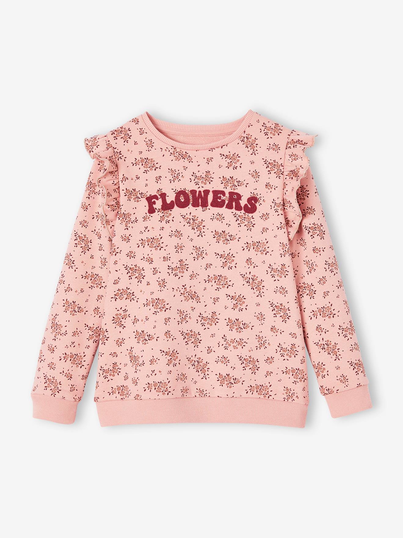 Vertbaudet Mädchen Sweatshirt mit Volants und Schriftzug - beige bedruckt