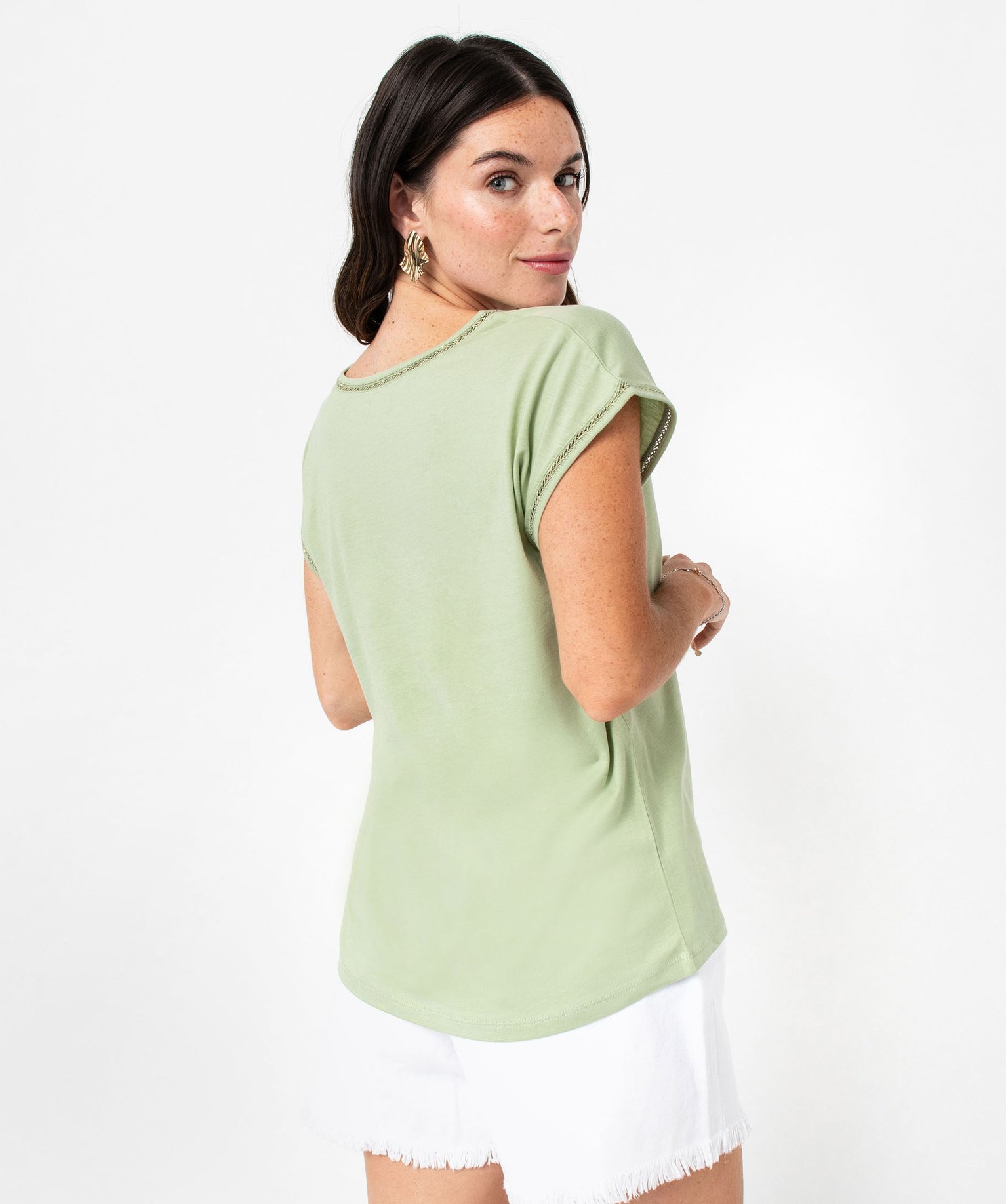 Tee-shirt manches courtes à finition tressée pailletée femme kaki | GEMO