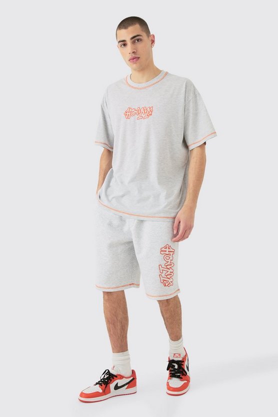 Oversize T-Shirt mit Kontrast-Naht, Applikation & Shorts