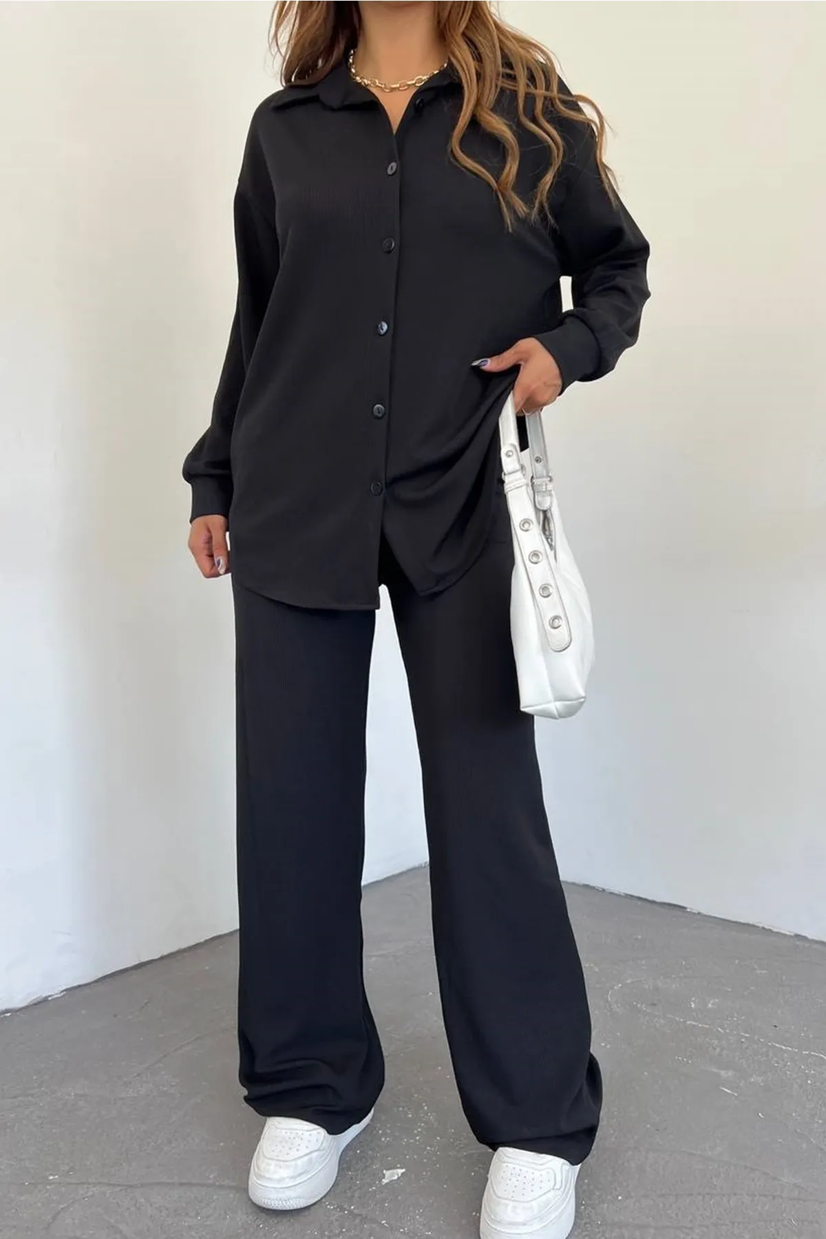 lovebox  Damen-Seersucker-Oversize-Design-Hemd und Hose, schwarzer Doppelanzug 10786