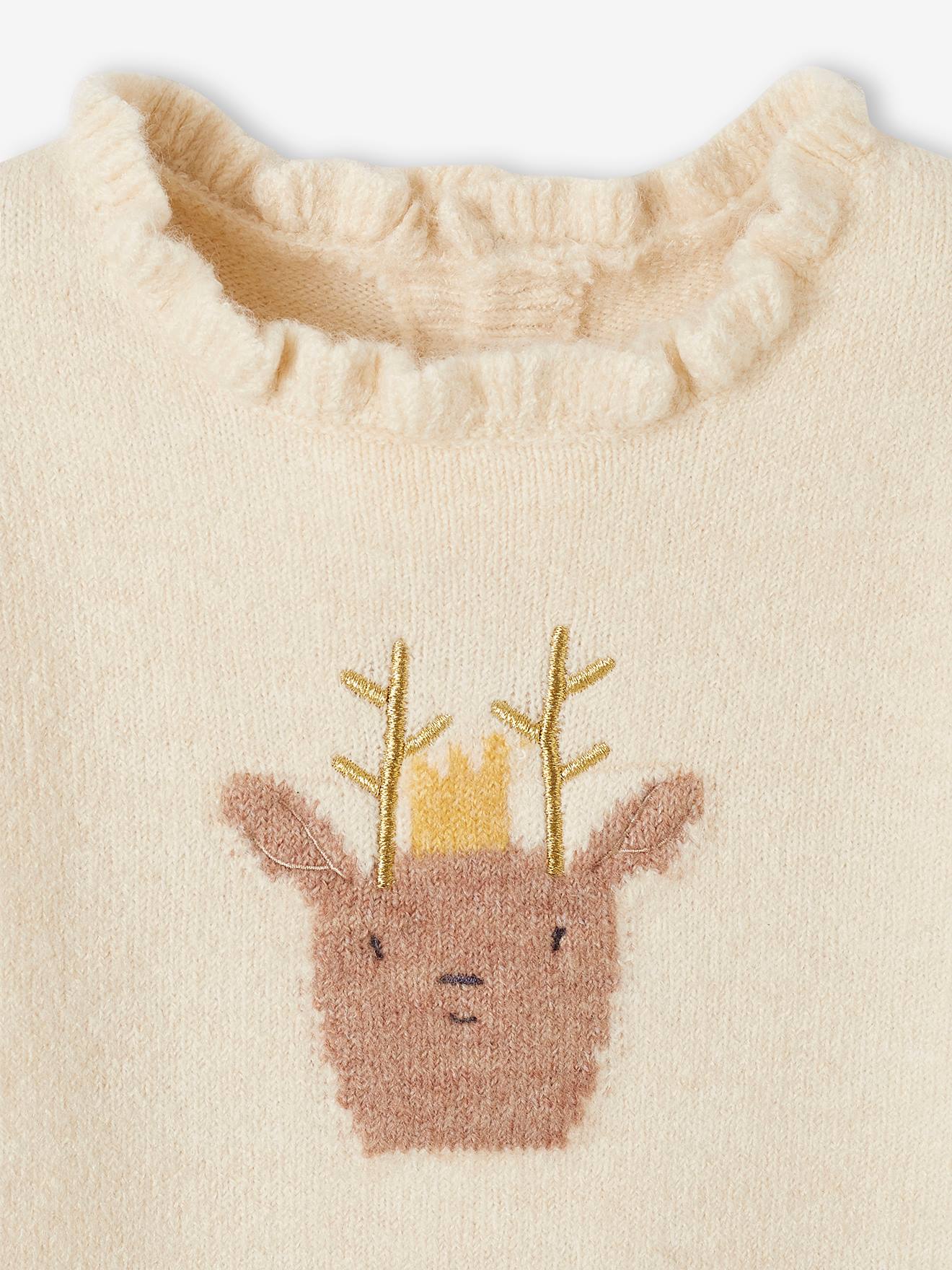 Vertbaudet Mädchen Baby Weihnachts-Set: Strickkleid & Strumpfhose - wollweiß