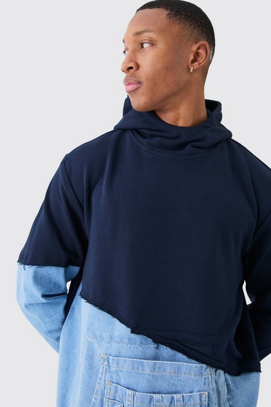 Kastiger gespleißter Jersey-Hoodie mit Denim-Streifen
