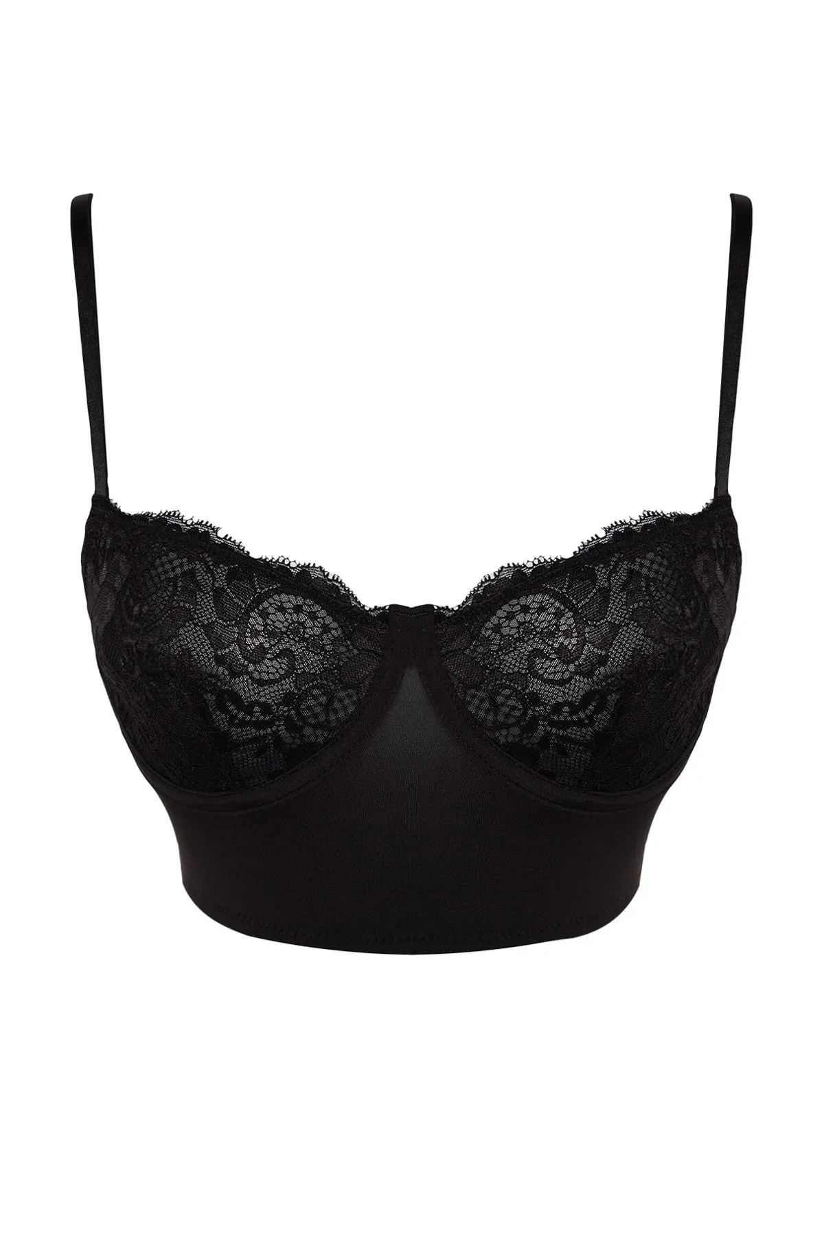 Trendyol Collection  Schwarzer, kappenloser Bügel-Bustier-Strick-BH mit Mikrospitze und Seilträgern THMAW24SU00014