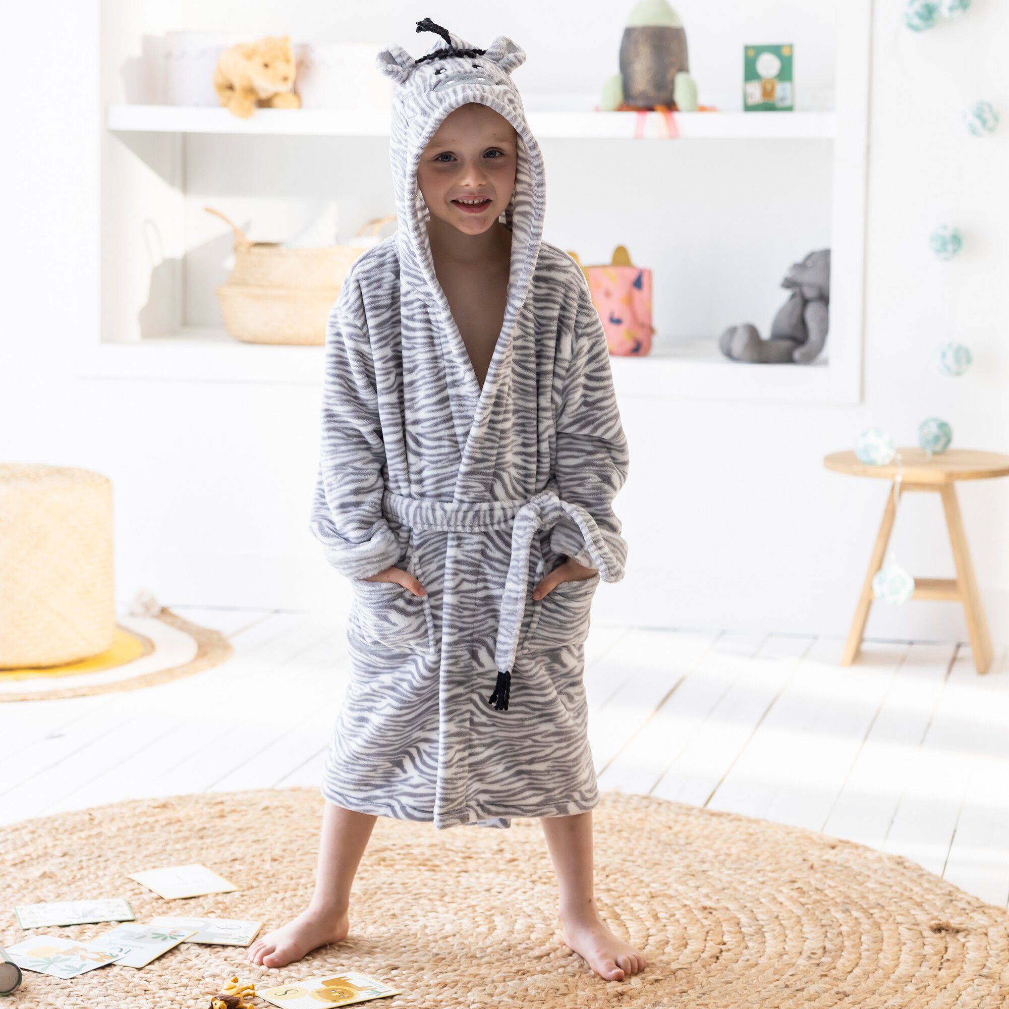 Peignoir de bain à capuche enfant zèbre microfibre toute douce