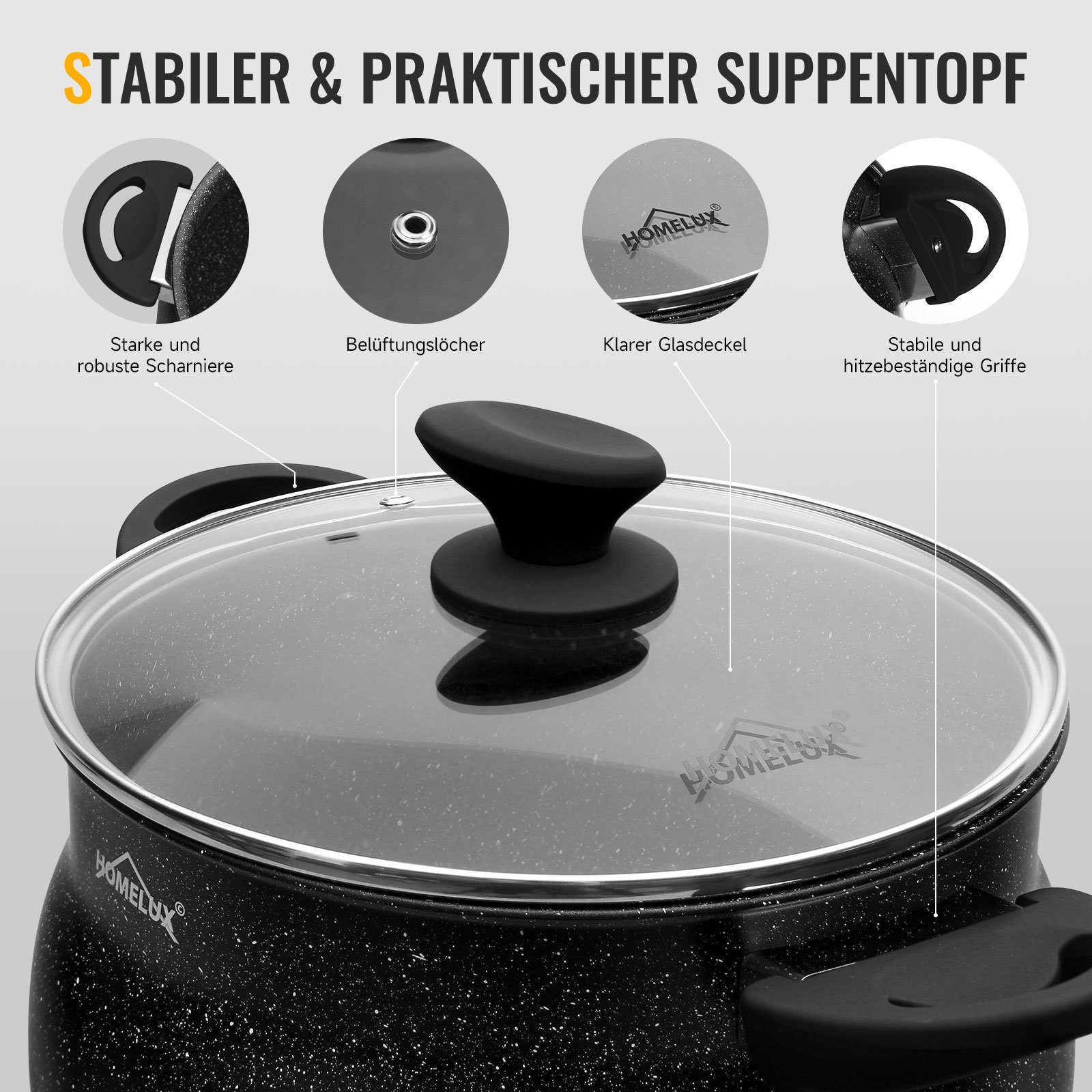 HOMELUX Suppentopf 4/6/8/10/12,5/15 L Topf Induktions Antihaft Kochtopf mit Glasdeckel, Aluminium (für alle Herdarten), induktionsgeeignet