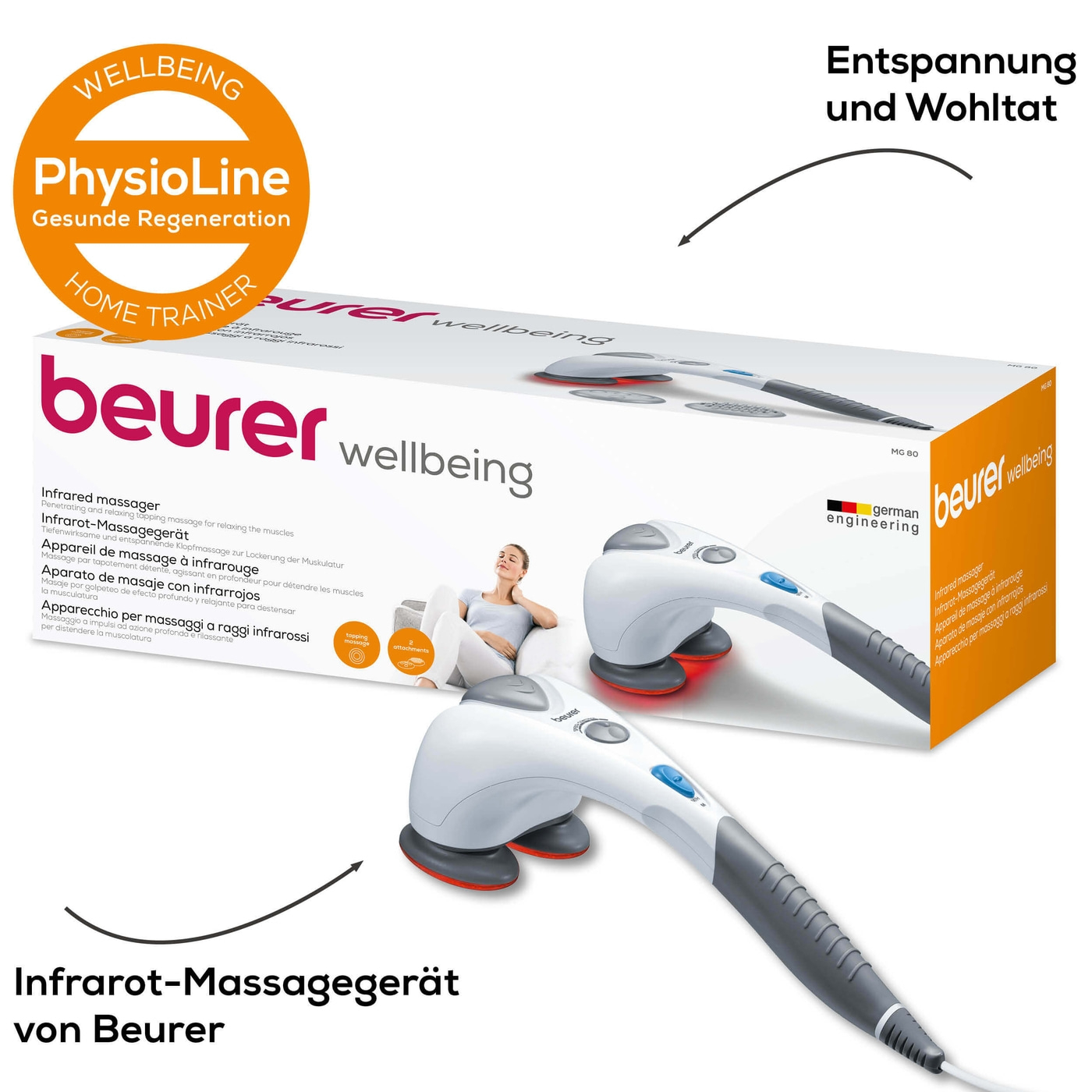 Beurer Infrarot-Massagegerät MG 80-Massagegrät mit Doppelkopf-Massage, Infrarotwärme & 2 Aufsätzen