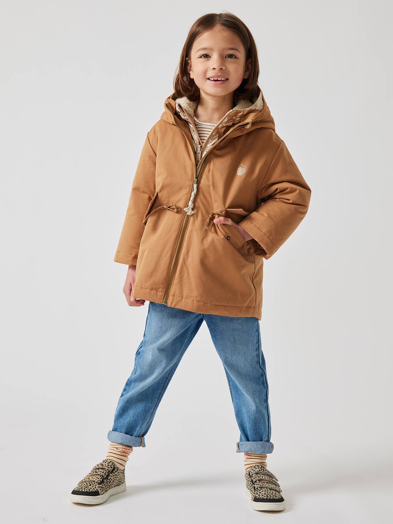 Parka à capuche 3 en 1 fille avec doudoune brillante doublée sherpa vert