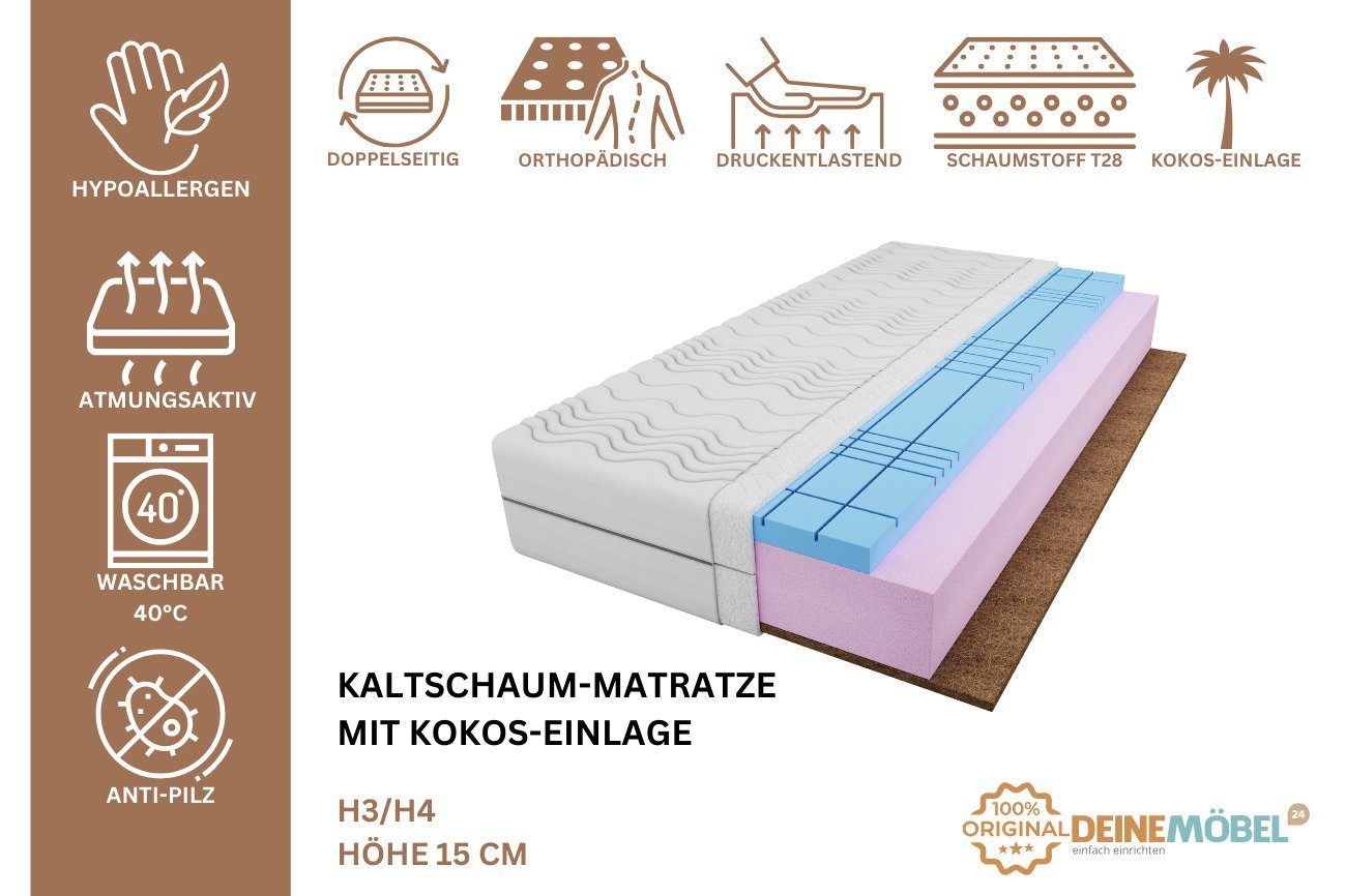 Kaltschaummatratze H3 / H4 Kaltschaum-Matratze mit Kokos Würfelschnitt 15 cm, Deine Möbel 24, (80x200 90x200 100x200 120x200 140x200 160x200 180x200 antiallergisch), Doppelseitig, Wendematratze, für Jugendliche Erwachsene, Top Qualität