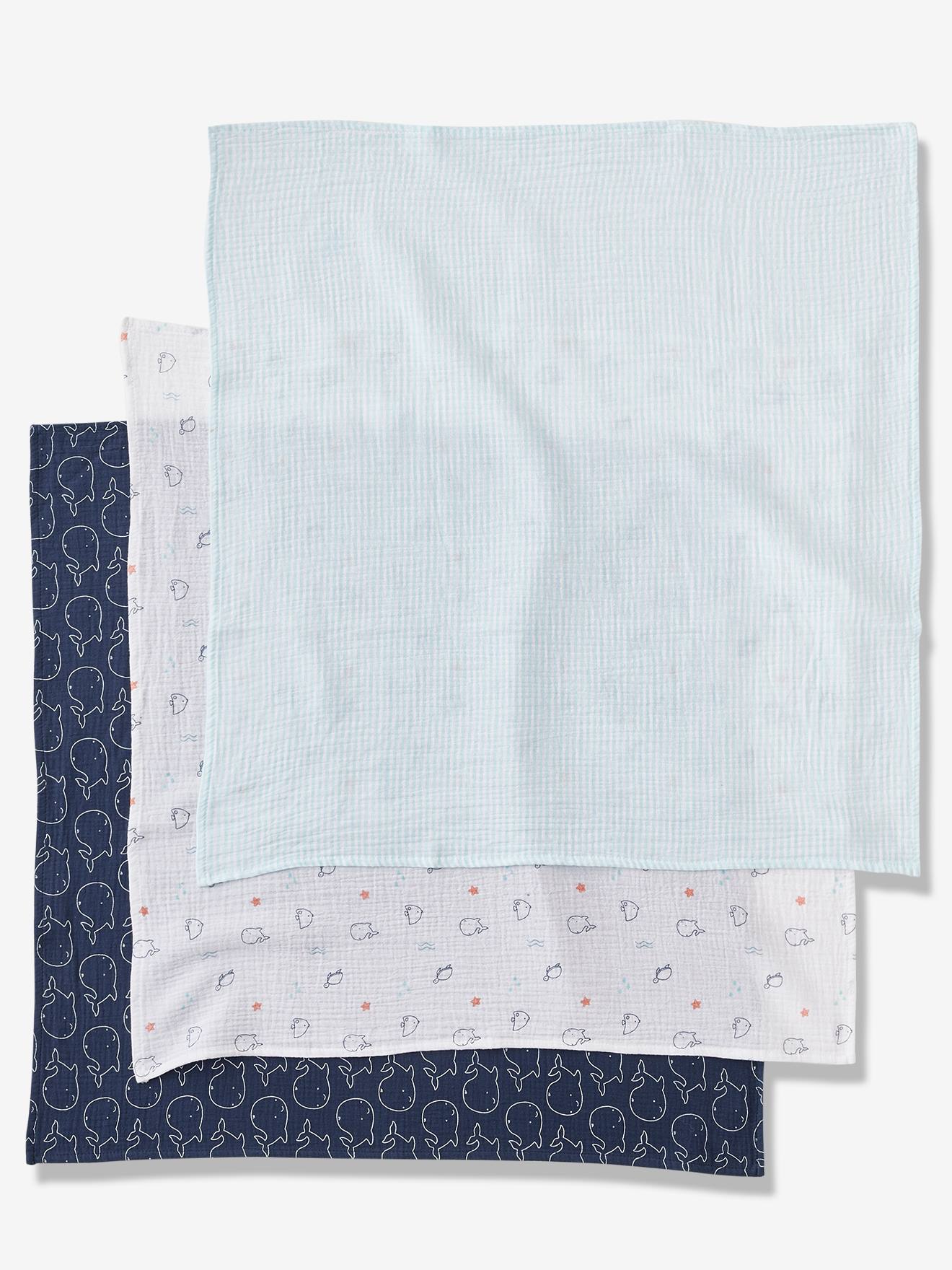 Les 3 langes en gaze de coton Eau salée bleu