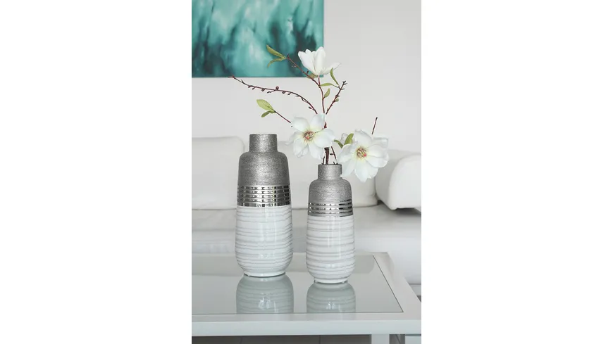 GILDE Keramik Flaschenvase Lavena H=31cm silber, weiß