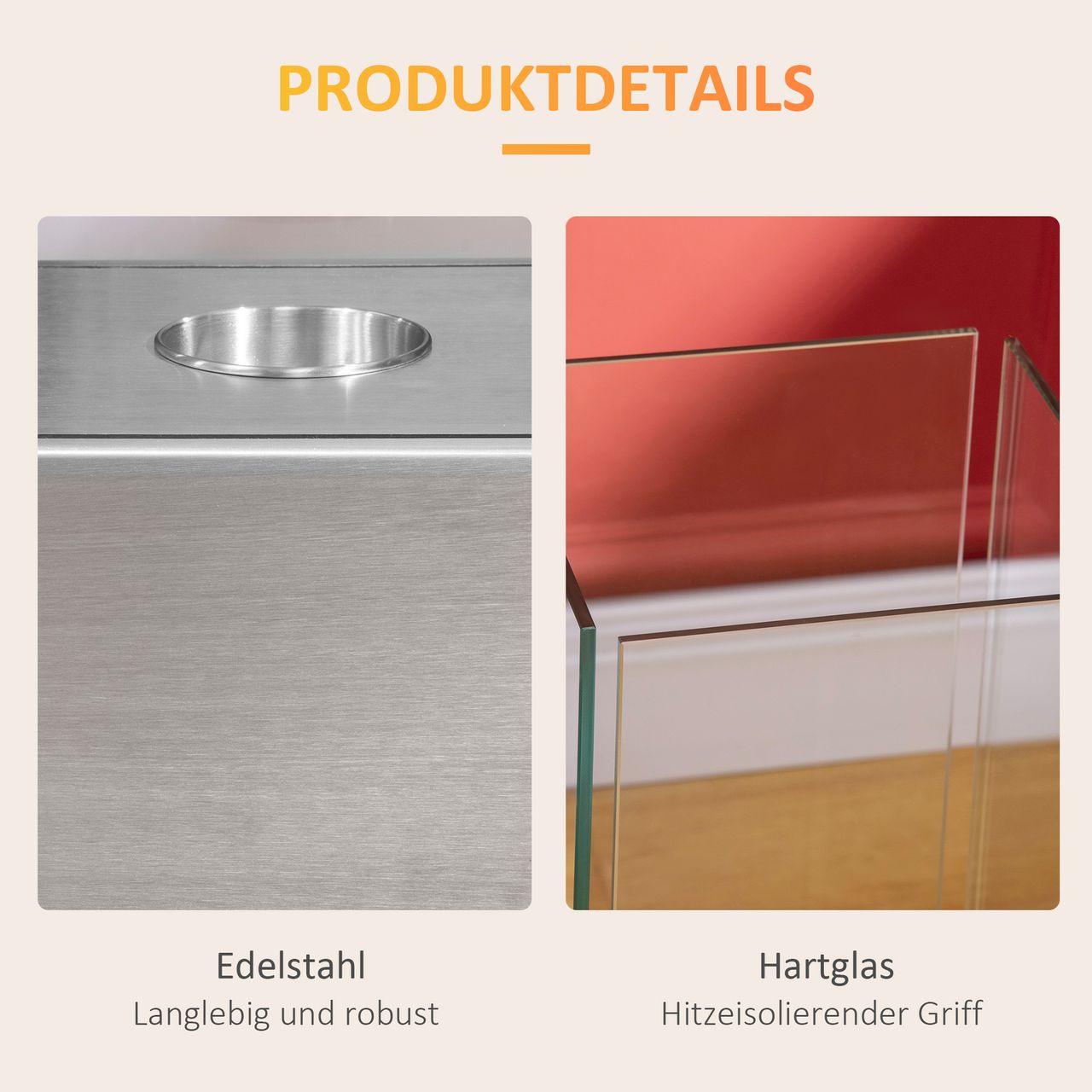 HOMCOM Ethanol-Kamin Feuerschale Bio-Ethanol-Brenner 0,4L 2 Std. Brenndauer 15m² mit Feuerlöschdeckel Edelstahl Hartglas Silber 25 x 25 x 60 cm