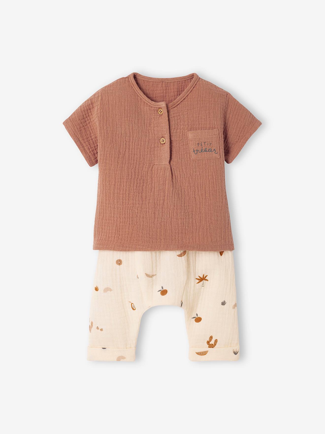 Ensemble bébé en gaze de coton tee-shirt + pantalon noix de pécan