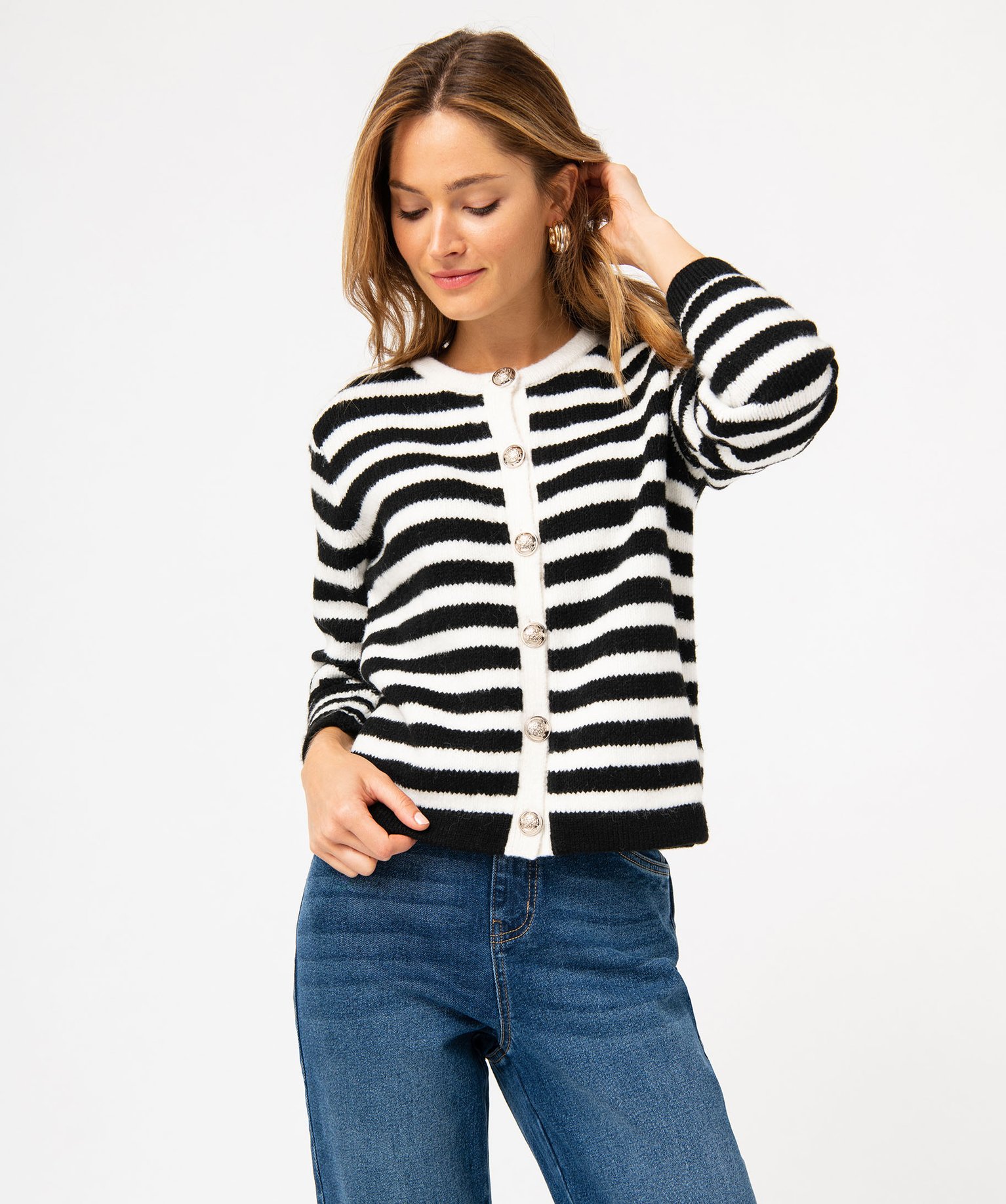 Gilet en grosse maille rayé et boutons gravés femme raye | GEMO