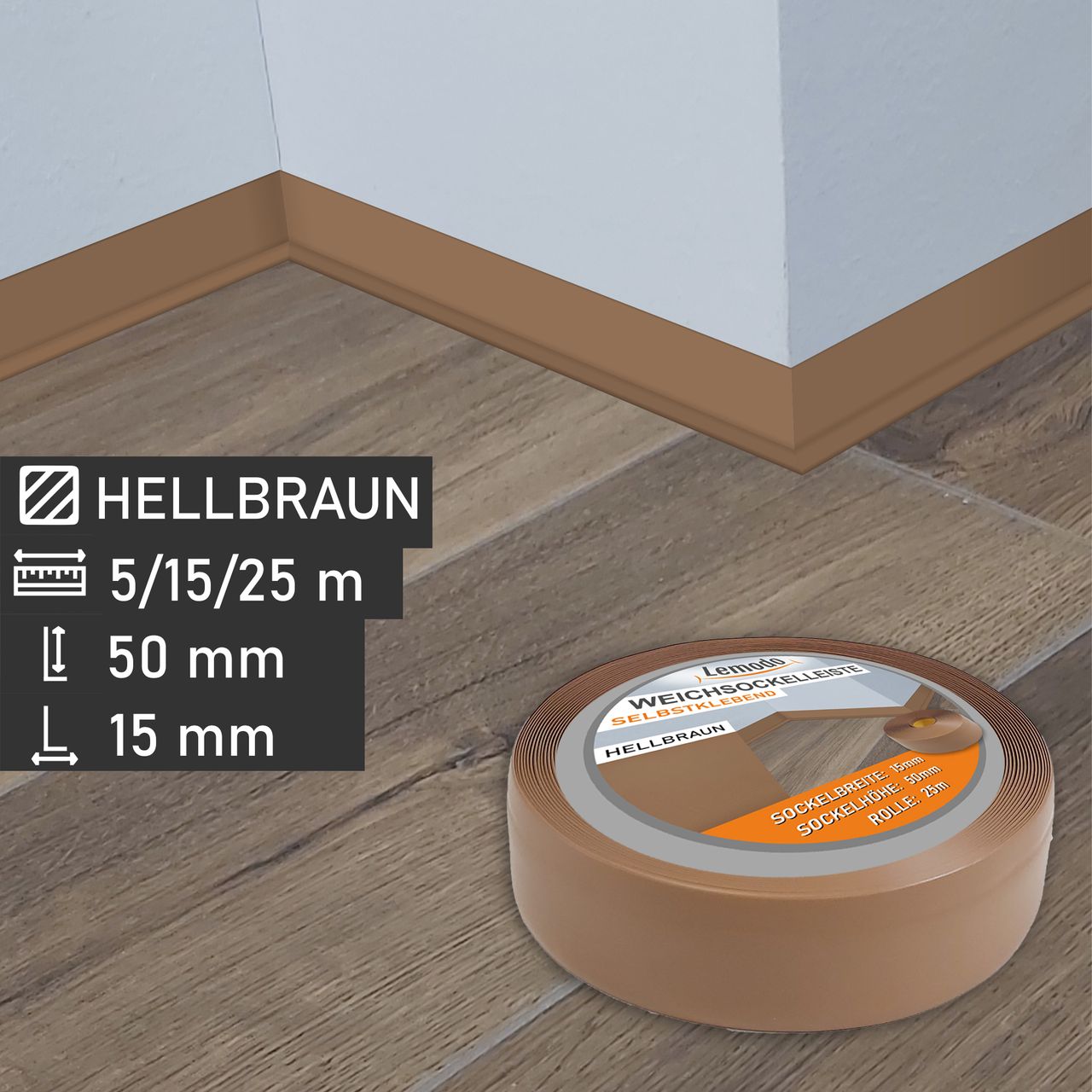 Lemodo Weichsockelleiste hellbraun, 25m Rolle