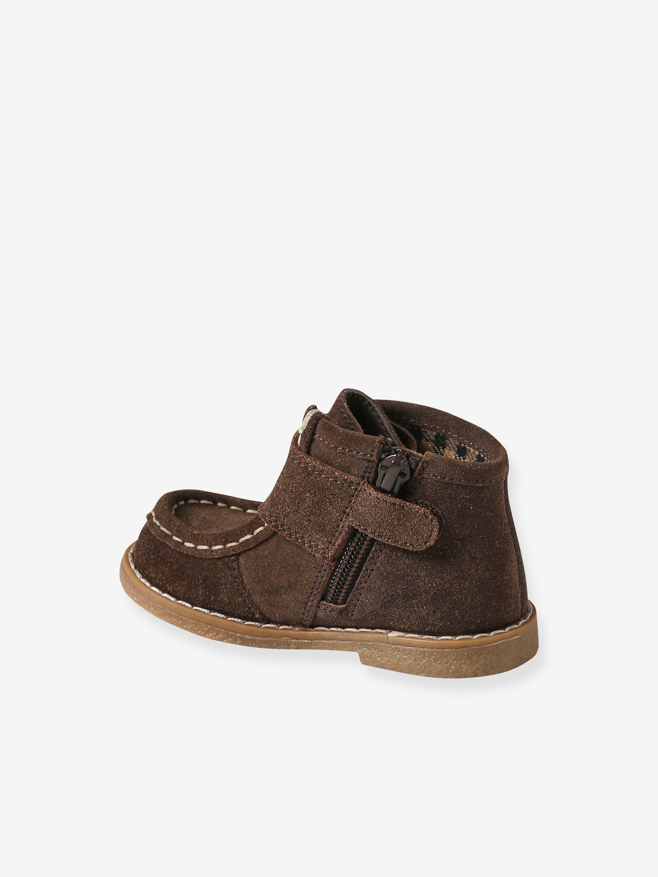 Bottines en cuir scratchées et zippées bébé marron