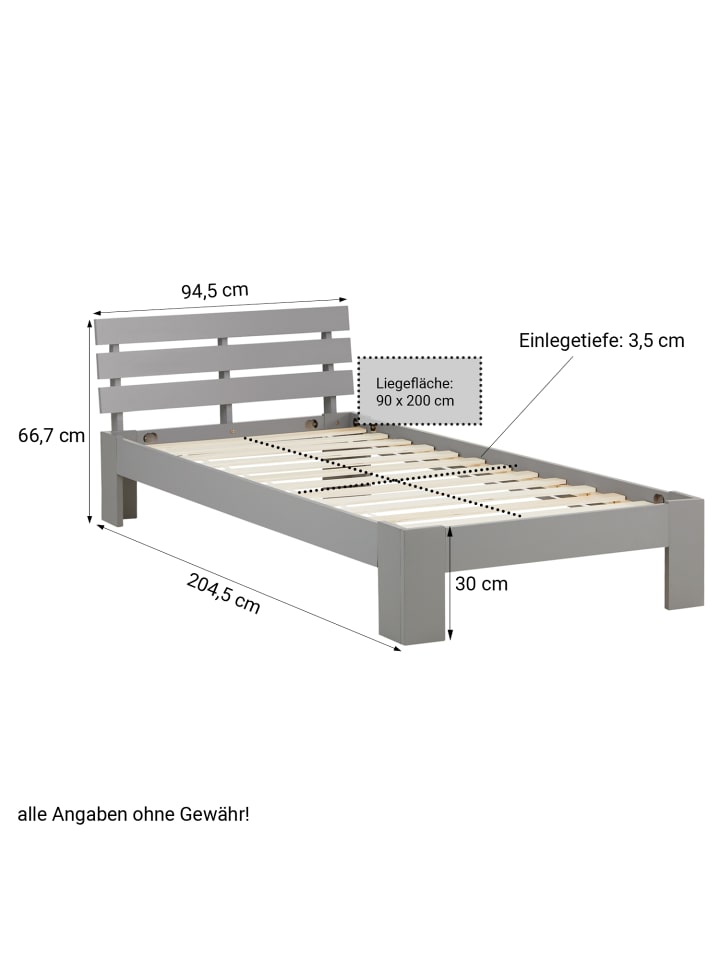 Homestyle4u Holzbett 90x200 mit Lattenrost in Grau günstig kaufen