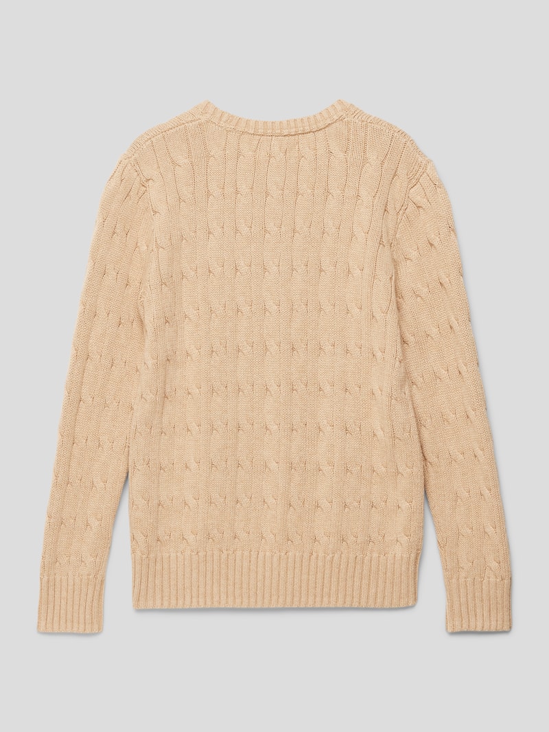 Strickpullover mit Zopfmuster und Logo-Stitching in camel meliert