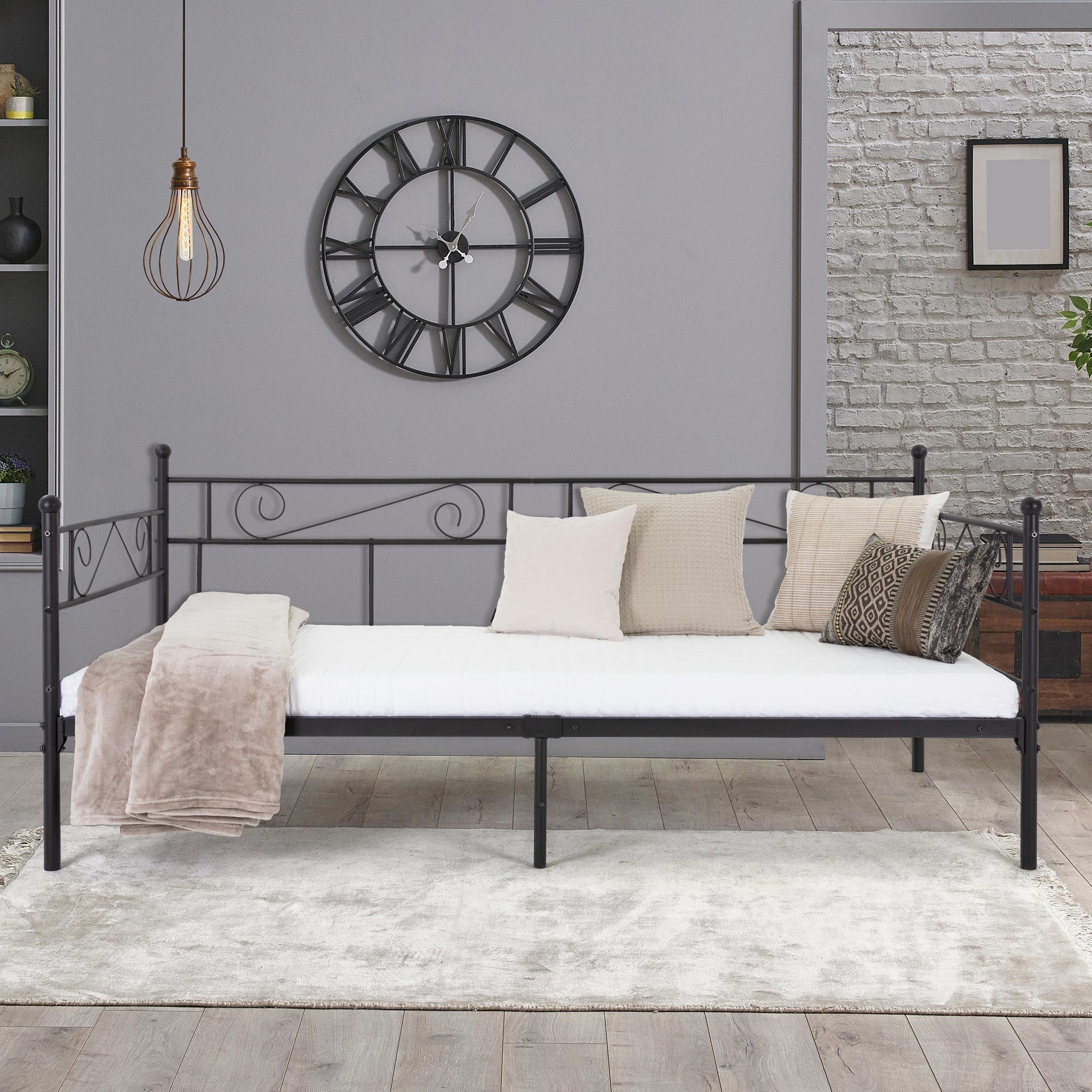 ML-DESIGN Metallbett Tagesbett Schlafzimmerbett Bettgestell Bettrahmen Schlafsofa Gästebett, Schwarz 90x200cm Stahlrahmen Lattenrost robust/leichte Montage