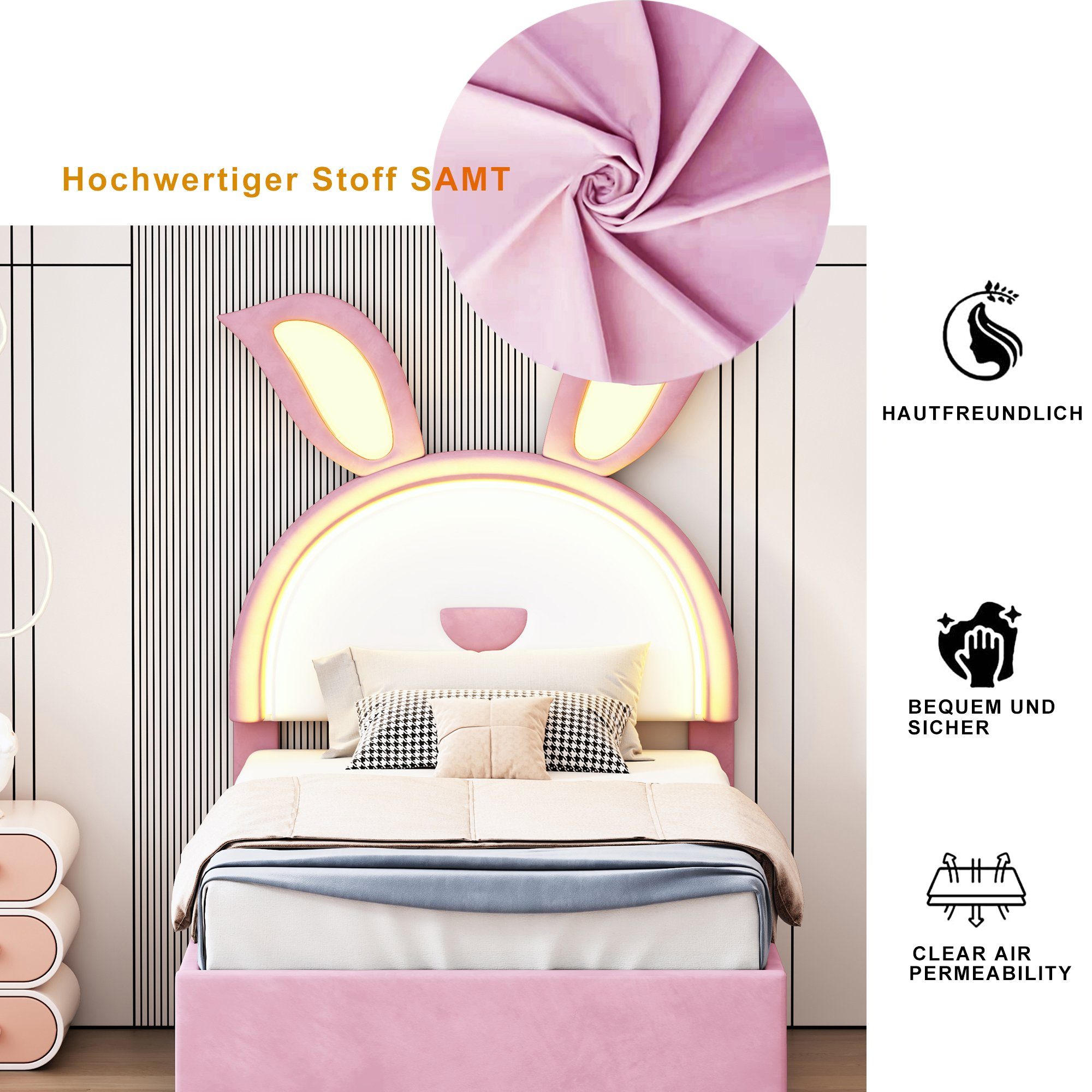OKWISH Kinderbett Stauraumbett Gästebett Bett Polsterbett (Samtstoff Multifunktionales gepolstertes Einzelbett-Schlafsofa, mit ausziehbarem Bett, Stauraumschublade und farbwechselndem LED-Licht), ohne Matratze, 90 x 200 cm