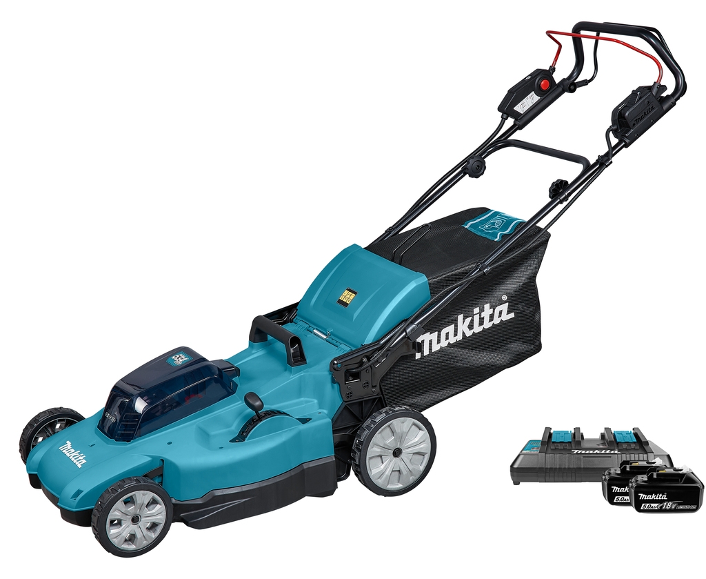 Makita DLM539PT2 Akku-Rasenmäher, 53 cm Schnittbreite, 2 x 18 Volt 5,0 Ah Li-Ion Akku