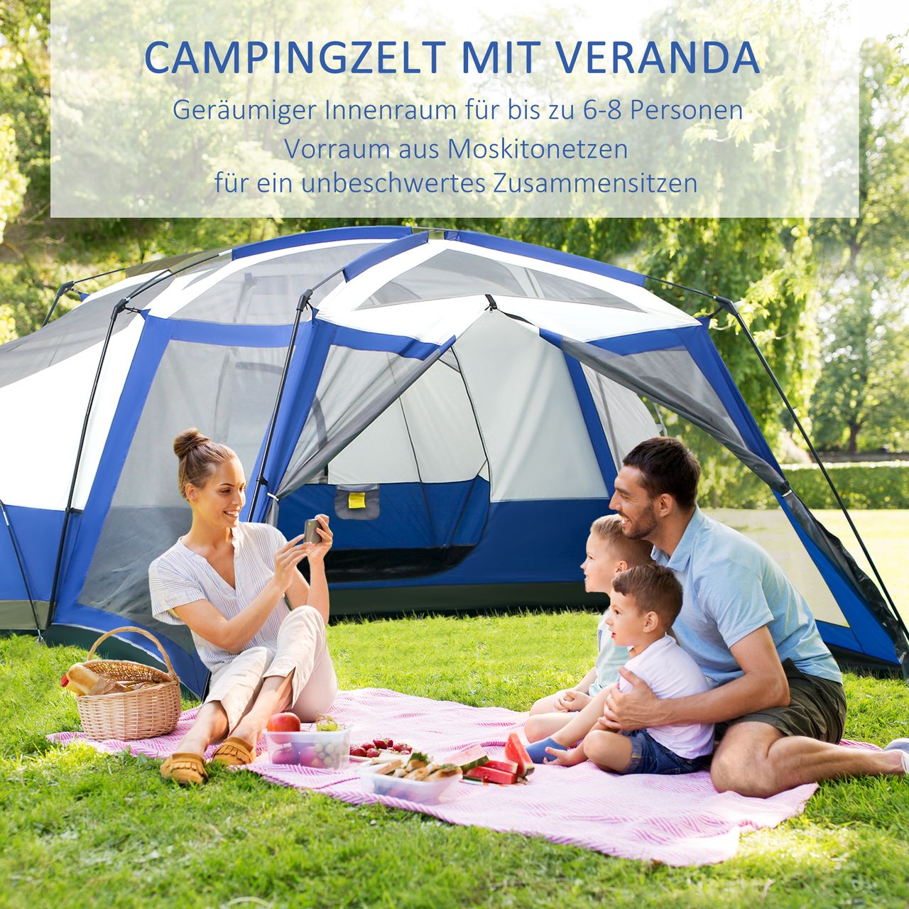 Outsunny Camping Zelt 6-8 Personen Zelt Familienzelt mit Vorraum 2 Fenster Kuppelzelt PU3000mm für Trekking Festival Glasfaser Blau 518 x 487 x 237 cm