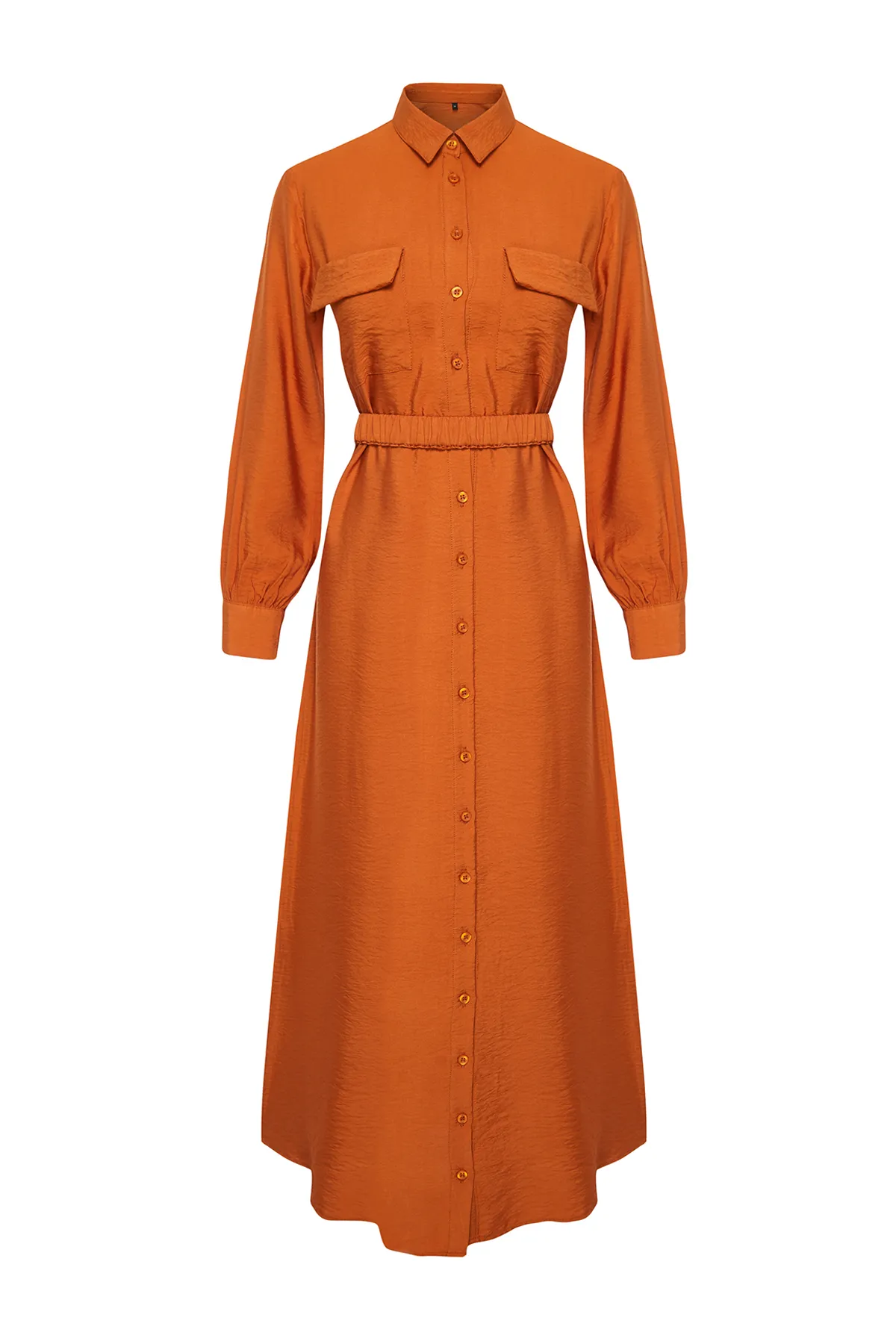 Trendyol Modest  Zimtfarbenes, gewebtes Kleid mit Gummigürtel und Taschendetails TCTSS22EB0034