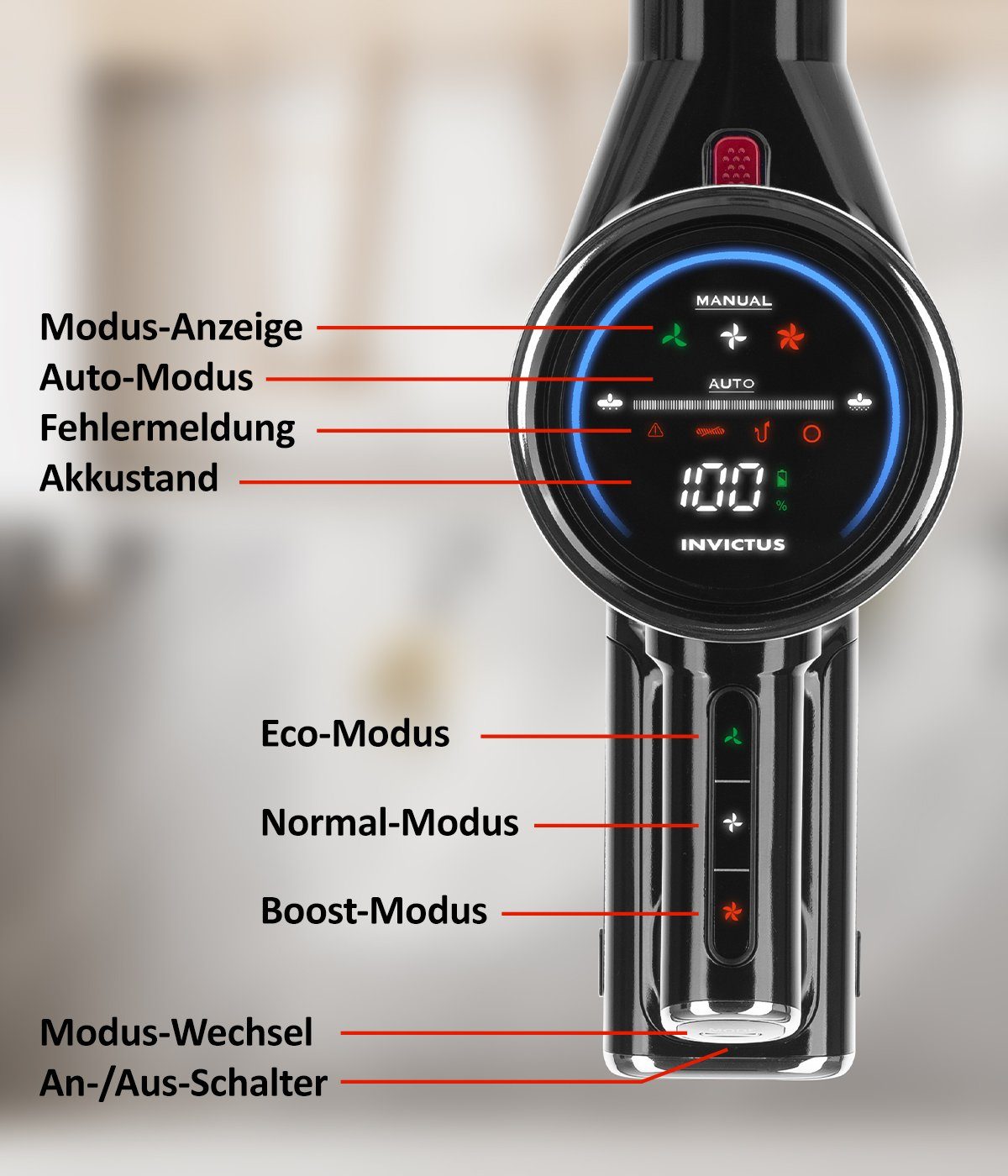 Genius Akku-Hand-und Stielstaubsauger Invictus X9 Facelift Kabellos 12-tlg., Akkustaubsauger Kabellos, Beutellos HEPA 3 Fach Filtersystem, LED Wandhalterung bis zu 55 Min für Hartböden Teppich Tierhaare
