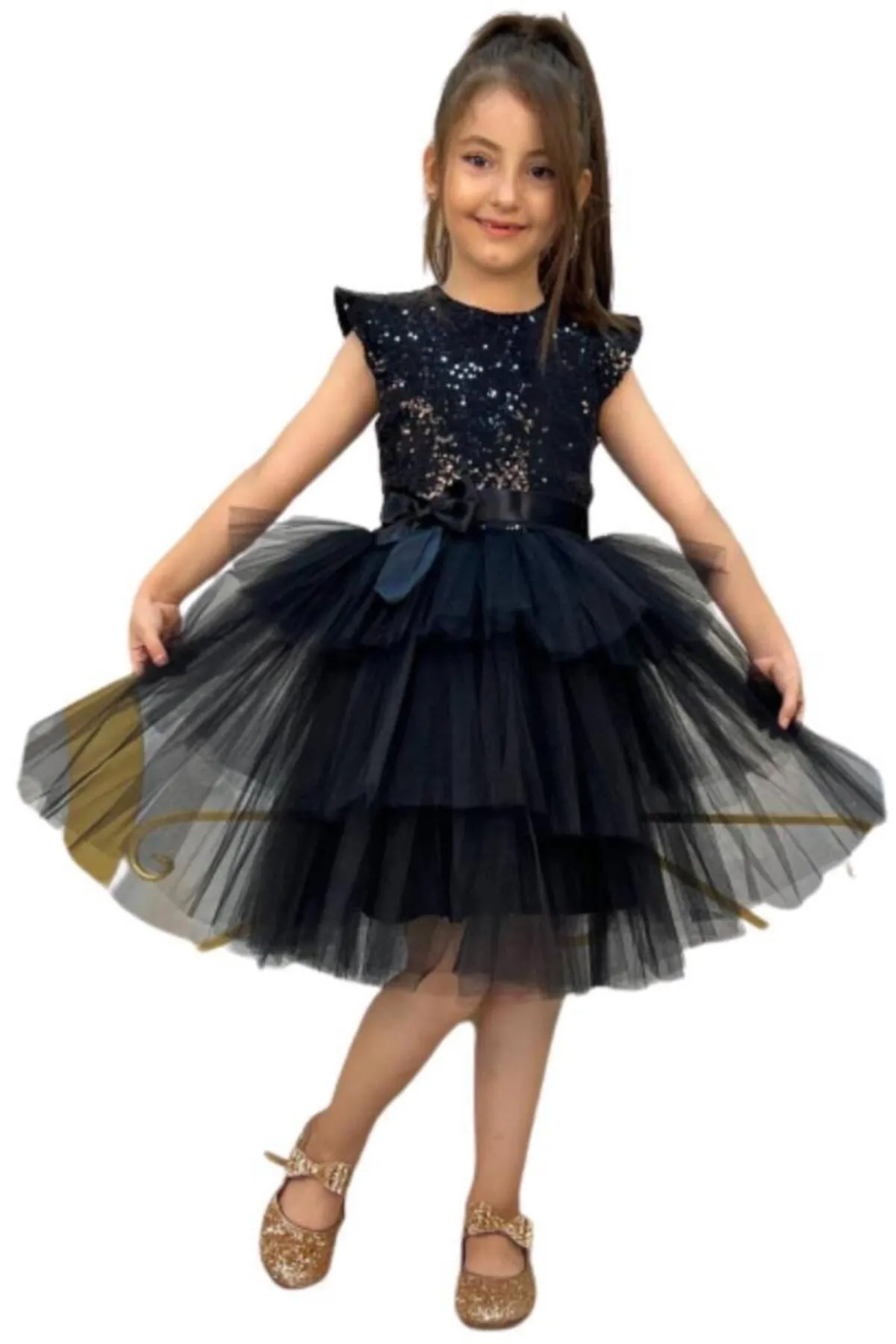 Riccotarz  Schwarzes, mit Pailletten besticktes Katkat-Abendkleid für Mädchen im Alter von 4–7 Jahren