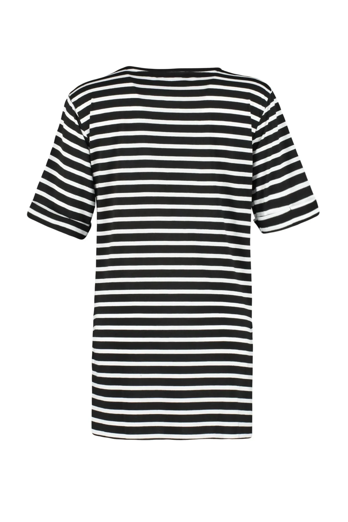 Trendyol Collection  Schwarz gestreiftes, geschlitztes, detailliertes, übergroßes/weites Strick-T-Shirt mit Rundhalsausschnitt TWOSS23TS00097