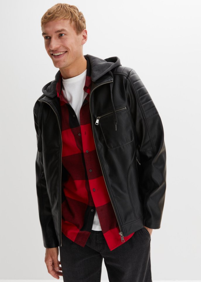 Lederimitat-Jacke mit Kapuze