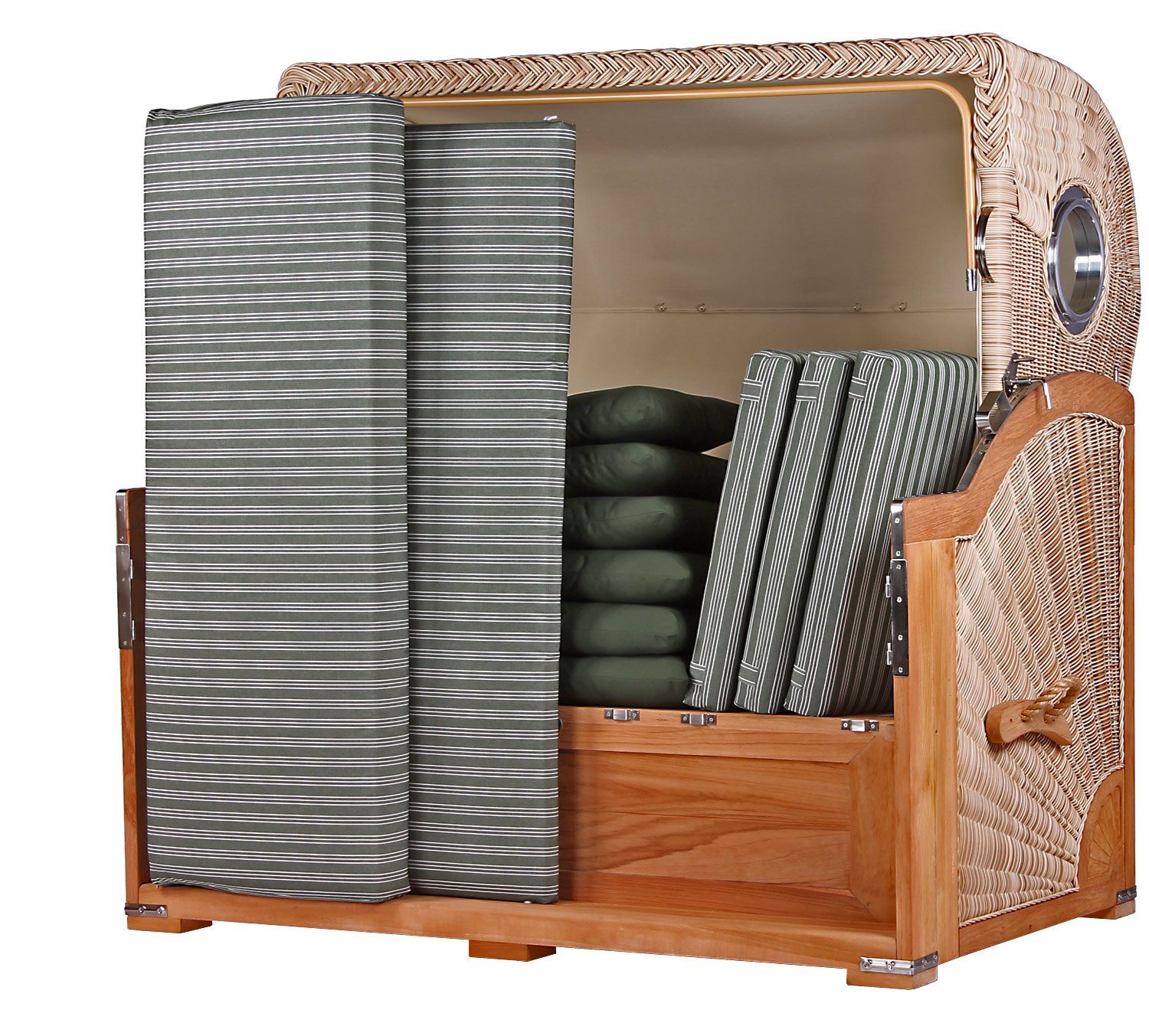 bene living Strandkorb Königssee 3-Sitzer Teak - PE shell - Modell 504, BxTxH: 170x95x170 cm, Volllieger ca. 175 Grad, Ostsee-Strandkorb, inkl. Liftersystem und Bullaugen