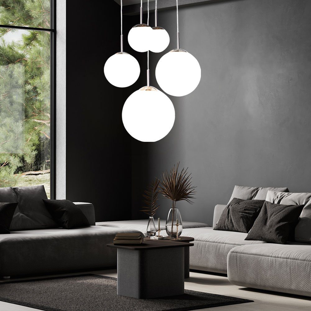 Globo Kugelleuchte, Leuchtmittel nicht inklusive, Hängeleuchte Wohnzimmerlampe 5-flammig Glas Schirm Kugel silber H 90cm