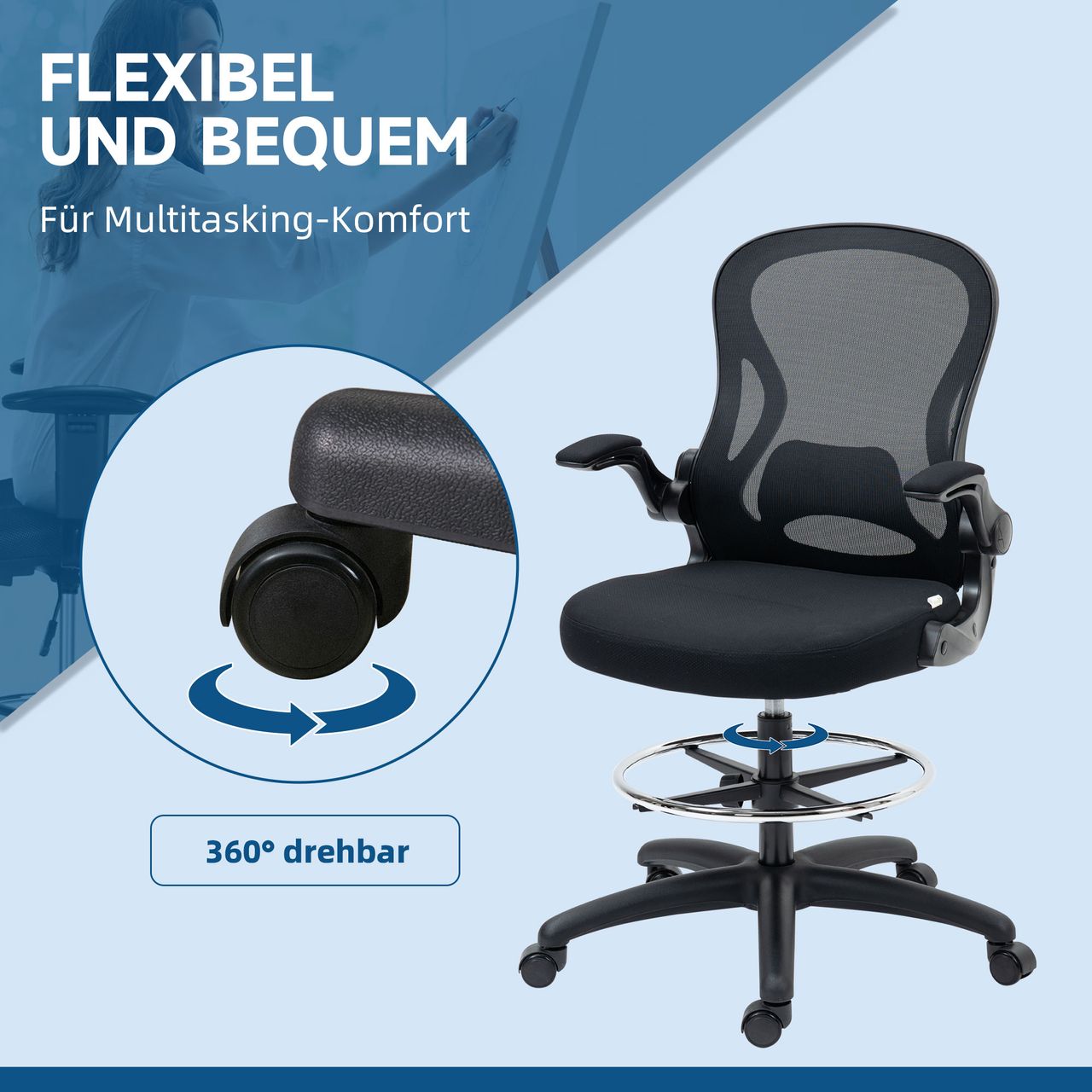 Vinsetto Zeichenstuhl, Höhenverstellbarer Bürostuhl, Ergonomischer Drehstuhl