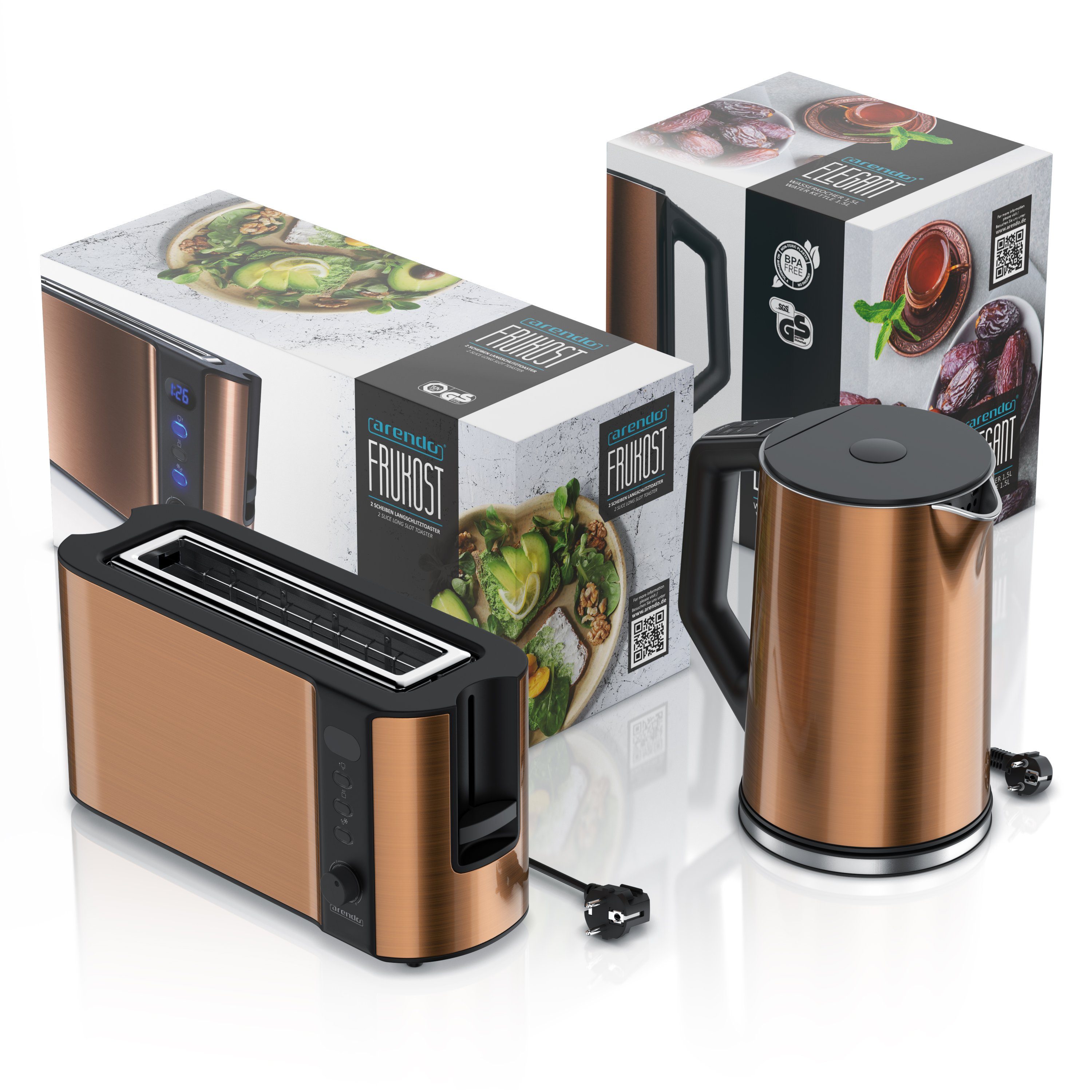 Arendo Frühstücks-Set (2-tlg), Edelstahl Wasserkocher 1,5l, 2-Scheiben Langschlitz Toaster, Kupfer