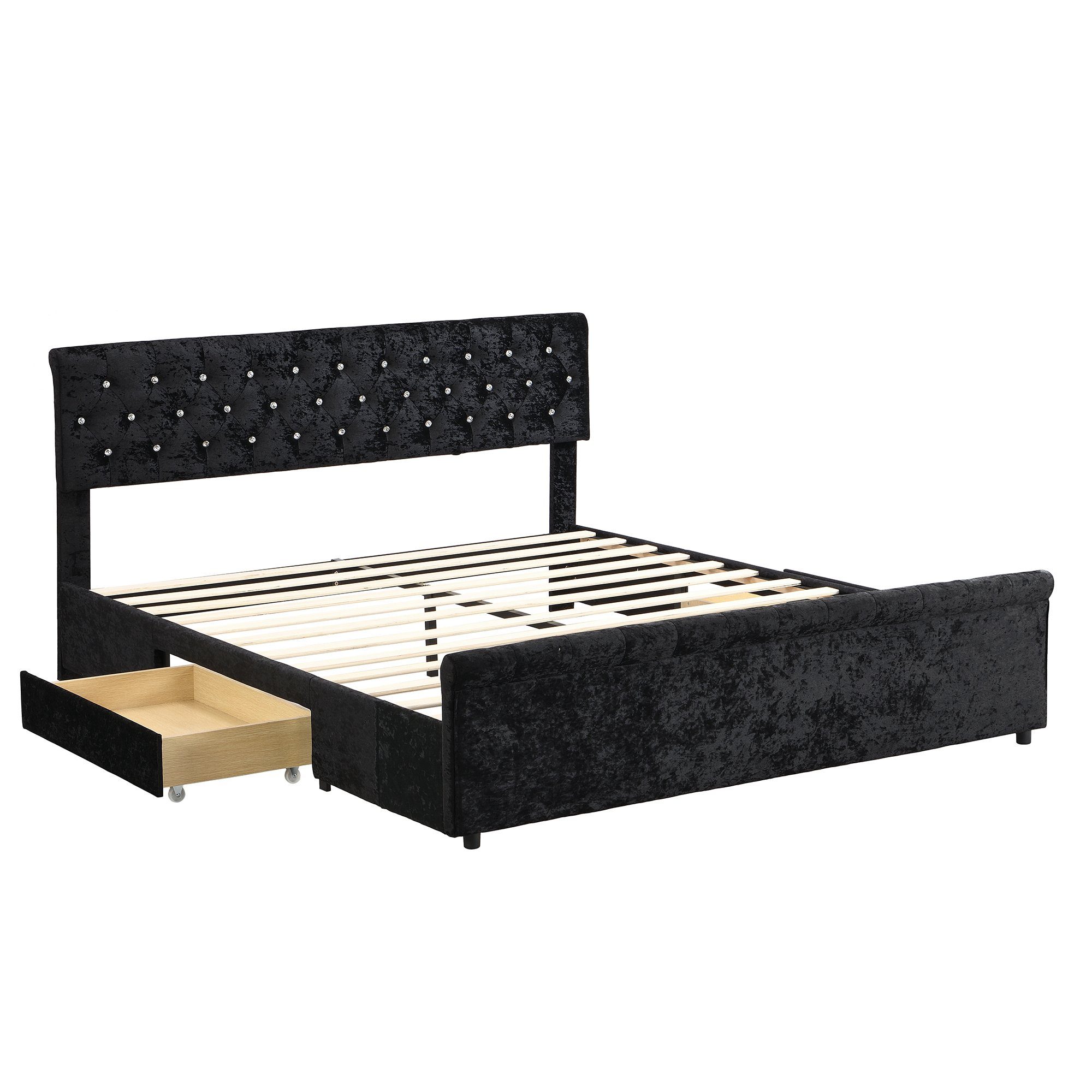 OKWISH Polsterbett Jugendzimmer (mit Lattenrost und Rückenlehne, Doppelbett mit 2 Schublade, Kopfteil mit diamantförmigen Zugpunkten Schlittenform), Einfache Montage, Schneeflocken-Vlies, schwarz