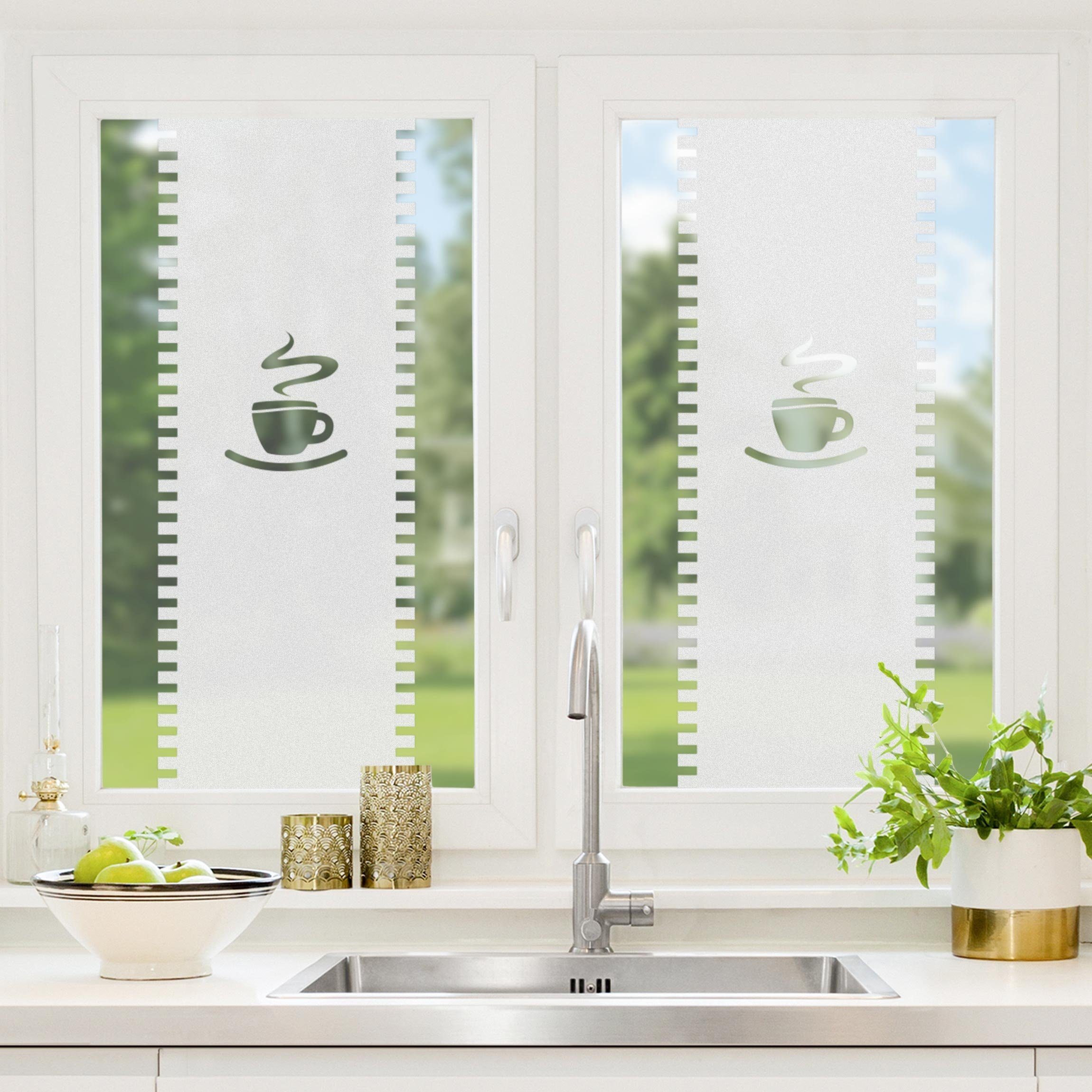 Fensterfolie statisch haftend Motiv Fensterdeko Gardine Tasse Küche, Bilderdepot24, blickdicht, Innen Fenster Tür Balkontür Küche Esszimmer Küchenfenster